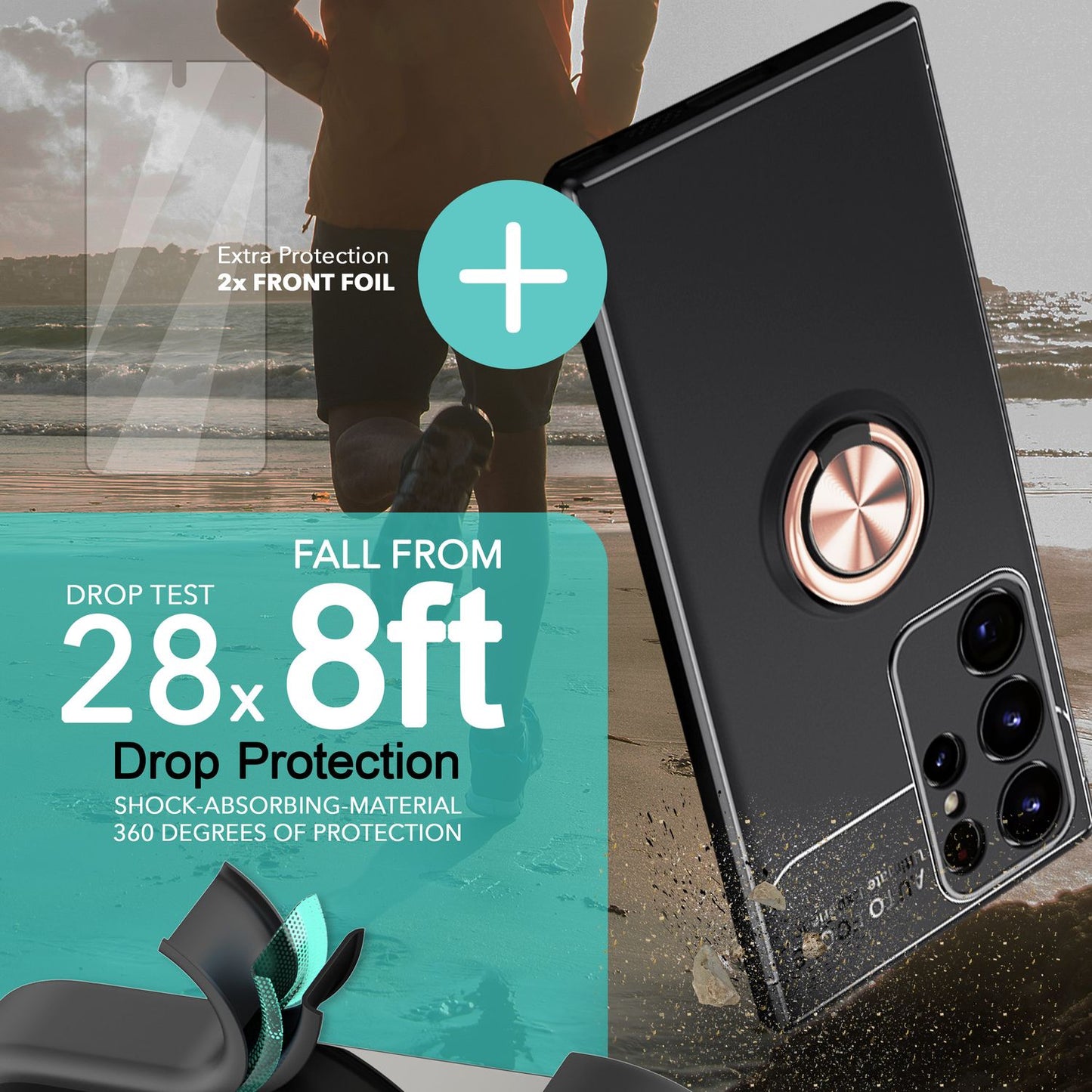 Husă NALIA Berlin Grip360 cu inel de susținere la 360 de grade - Compatibilă cu Galaxy S23 Ultra, 2x Protecții de Ecran, Material Silicon