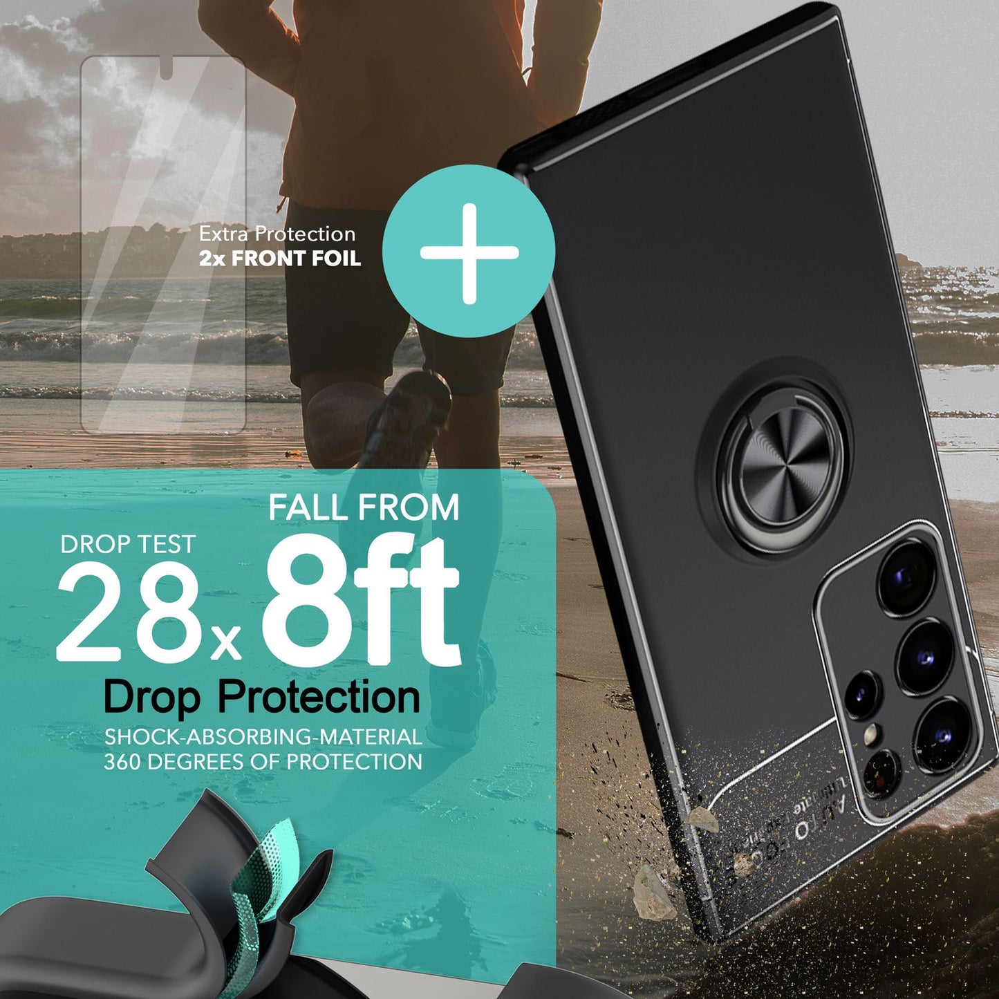 Husă NALIA Berlin Grip360 cu inel de susținere la 360 de grade - Compatibilă cu Galaxy S23 Ultra, 2x Protecții de Ecran, Material Silicon