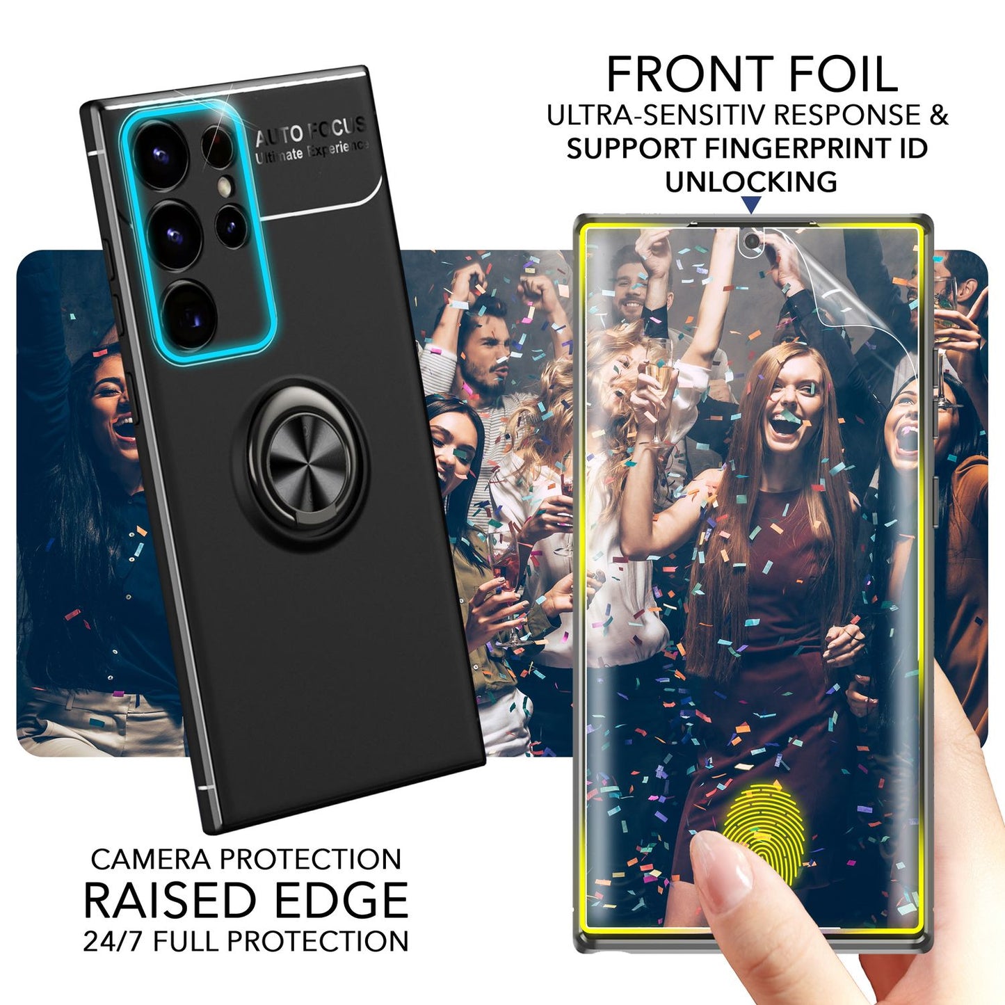 Husă NALIA Berlin Grip360 cu inel de susținere la 360 de grade - Compatibilă cu Galaxy S23 Ultra, 2x Protecții de Ecran, Material Silicon