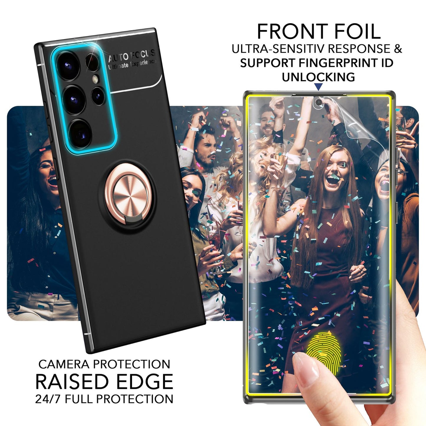 Husă NALIA Berlin Grip360 cu inel de susținere la 360 de grade - Compatibilă cu Galaxy S23 Ultra, 2x Protecții de Ecran, Material Silicon