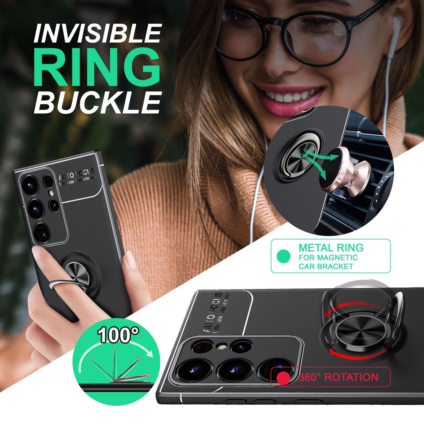 Husă NALIA Berlin Grip360 cu inel de susținere la 360 de grade - Compatibilă cu Galaxy S23 Ultra, 2x Protecții de Ecran, Material Silicon