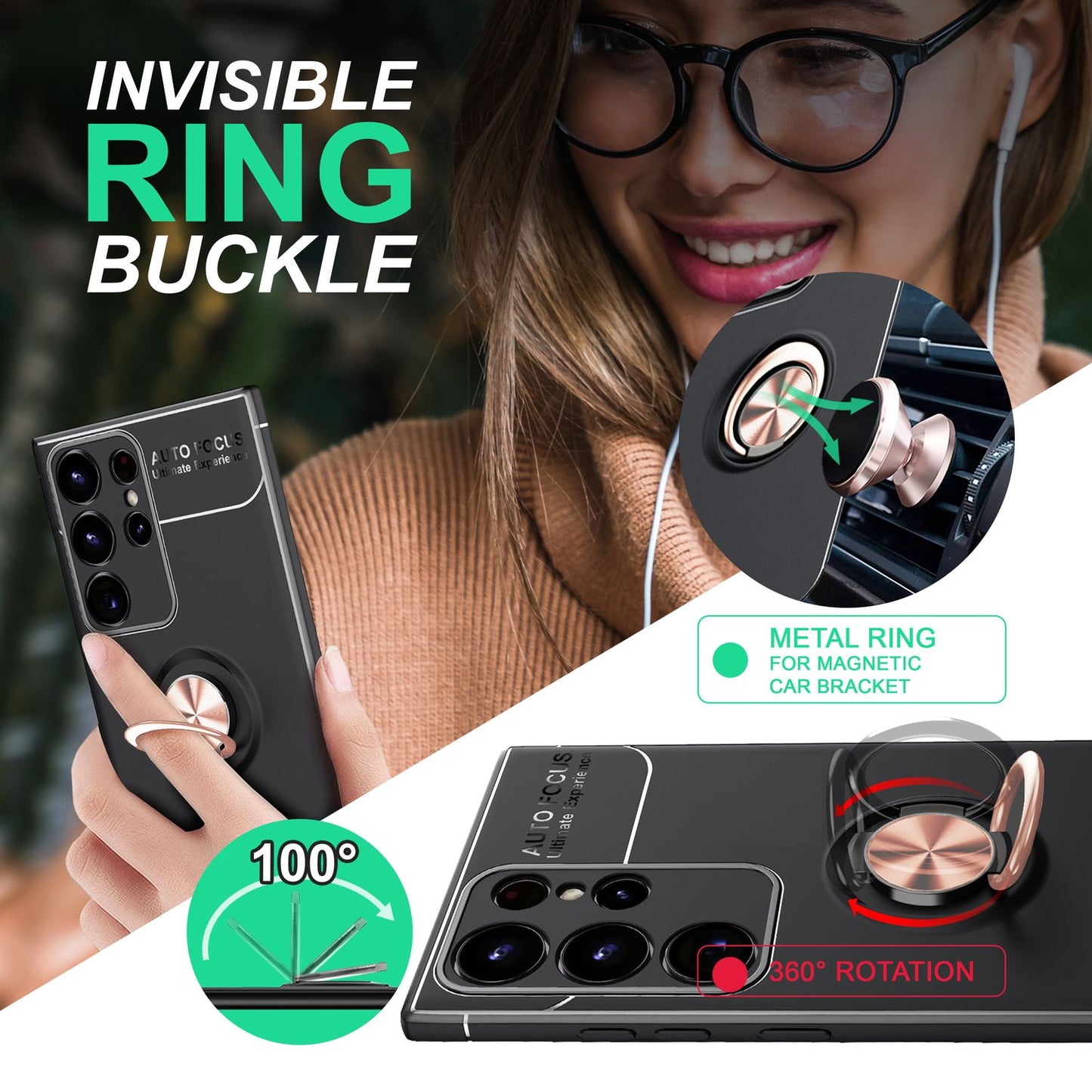 Husă NALIA Berlin Grip360 cu inel de susținere la 360 de grade - Compatibilă cu Galaxy S23 Ultra, 2x Protecții de Ecran, Material Silicon