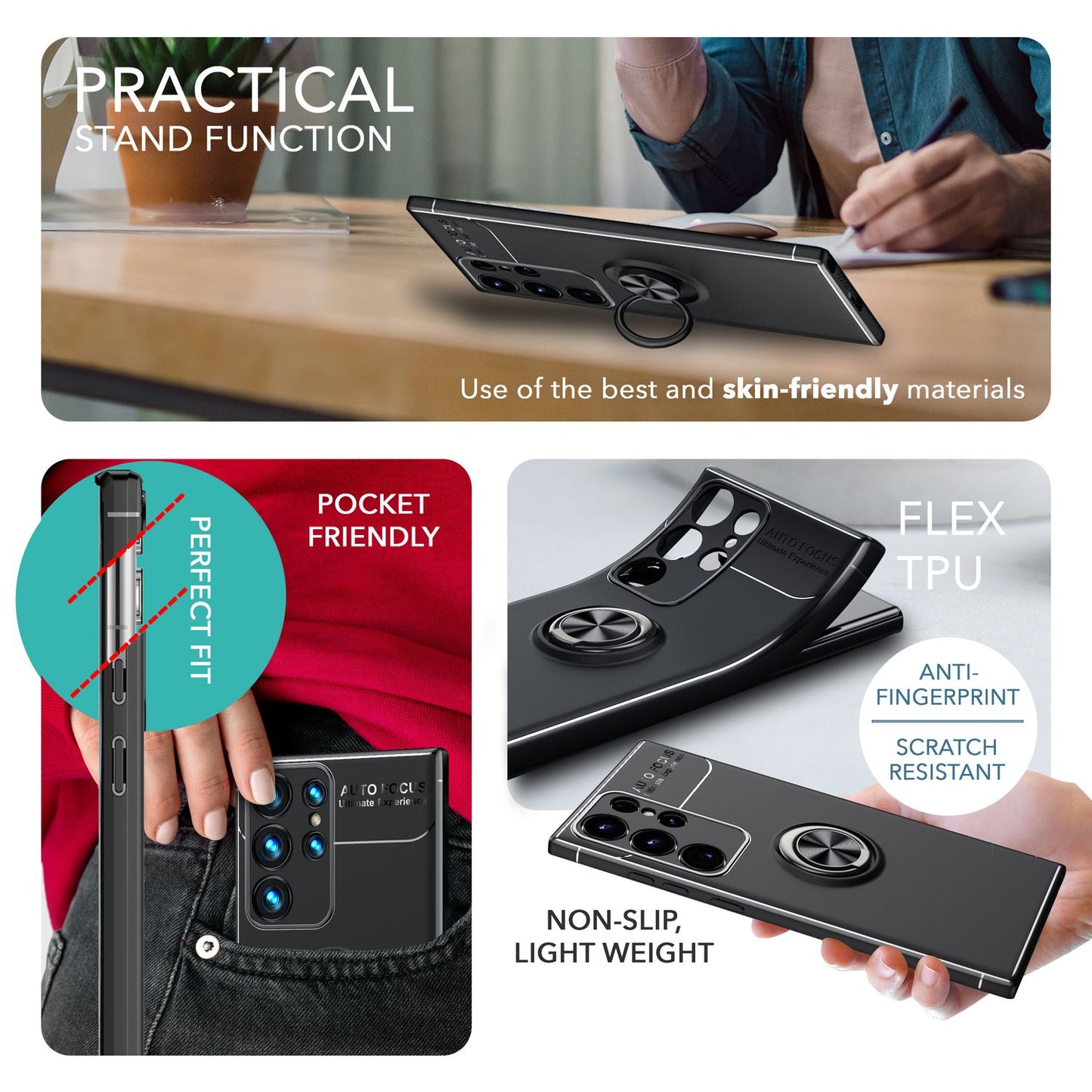 Husă NALIA Berlin Grip360 cu inel de susținere la 360 de grade - Compatibilă cu Galaxy S23 Ultra, 2x Protecții de Ecran, Material Silicon