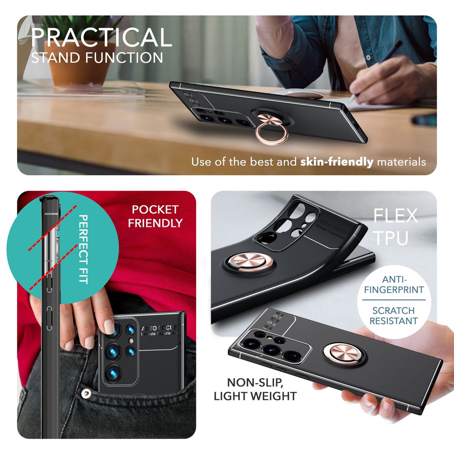 Husă NALIA Berlin Grip360 cu inel de susținere la 360 de grade - Compatibilă cu Galaxy S23 Ultra, 2x Protecții de Ecran, Material Silicon