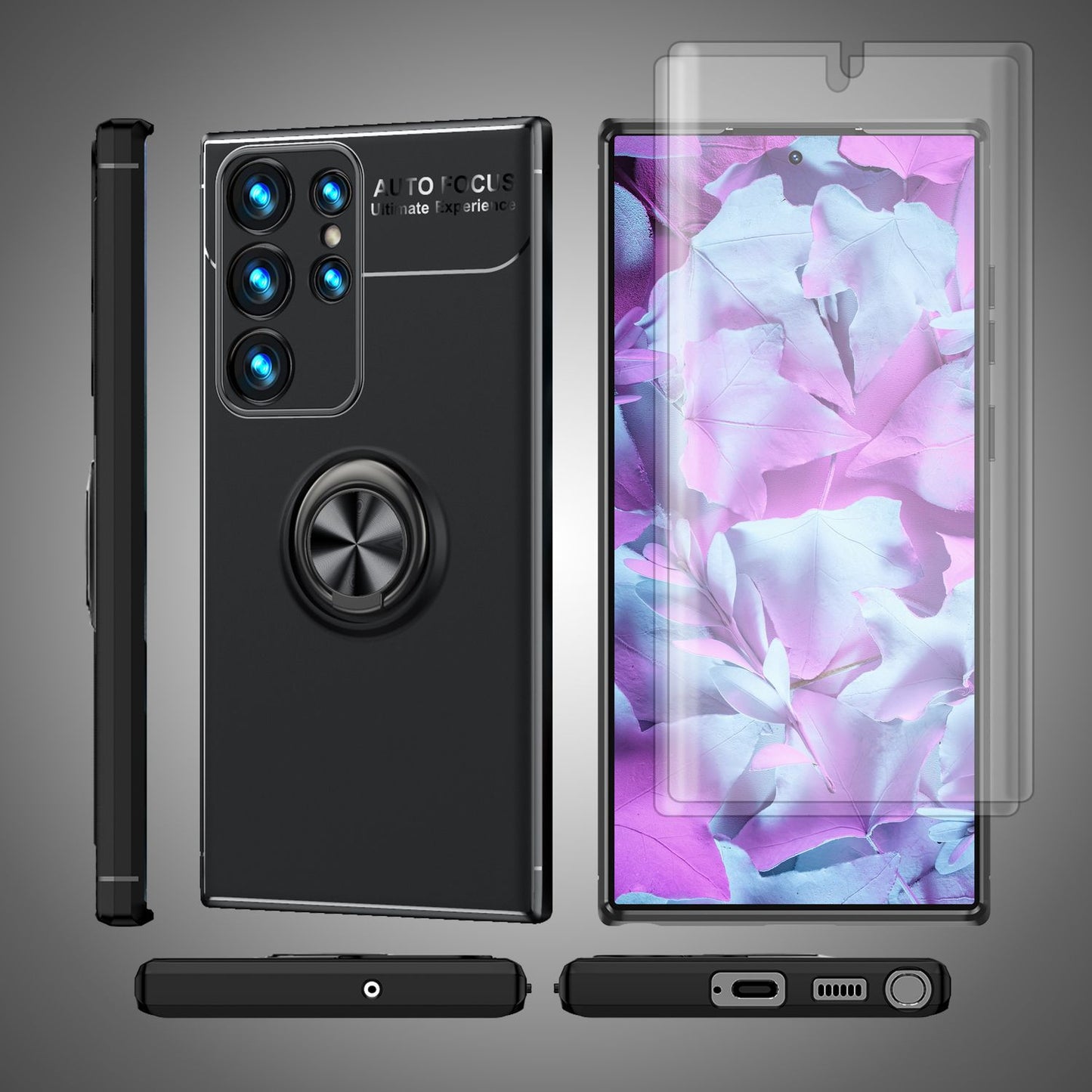 Husă NALIA Berlin Grip360 cu inel de susținere la 360 de grade - Compatibilă cu Galaxy S23 Ultra, 2x Protecții de Ecran, Material Silicon