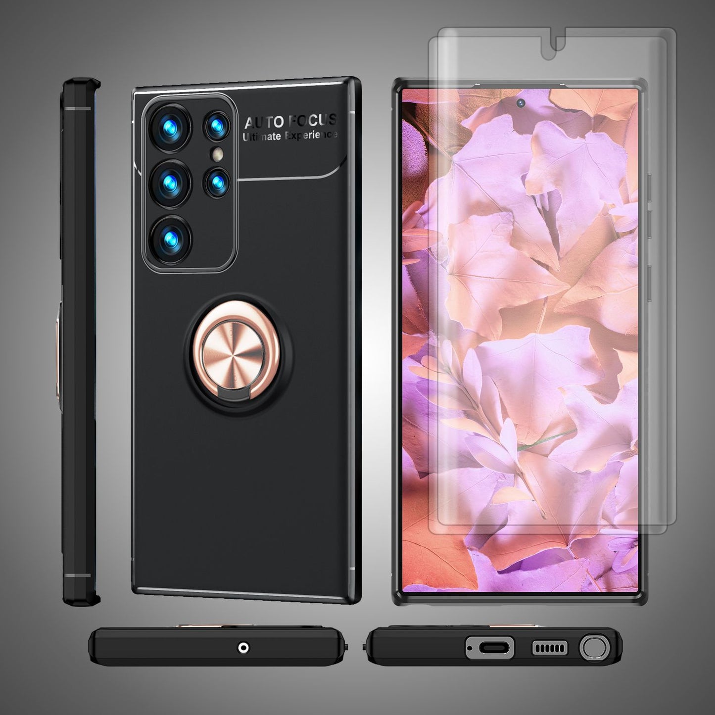 Husă NALIA Berlin Grip360 cu inel de susținere la 360 de grade - Compatibilă cu Galaxy S23 Ultra, 2x Protecții de Ecran, Material Silicon