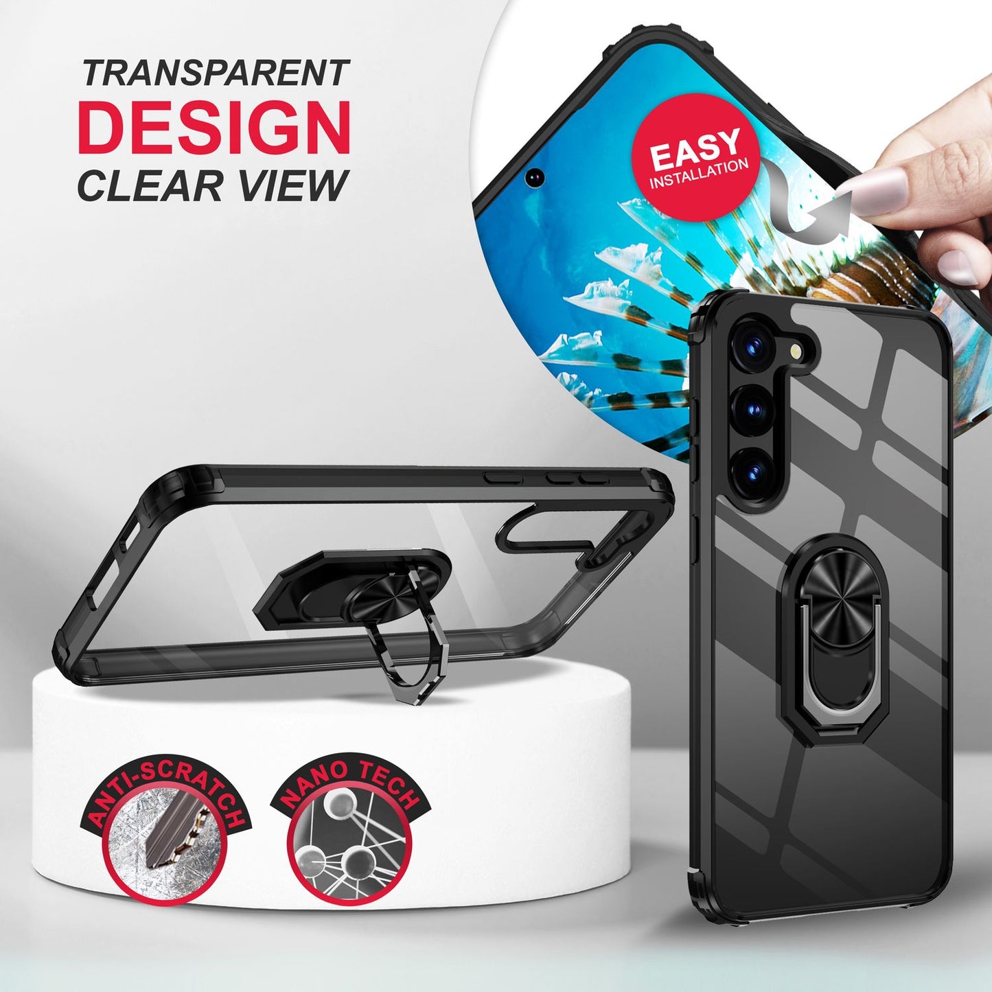 Klare Ring Hülle für Samsung Galaxy S23, 2x Displayglas & Kameraschutz, Schwarz