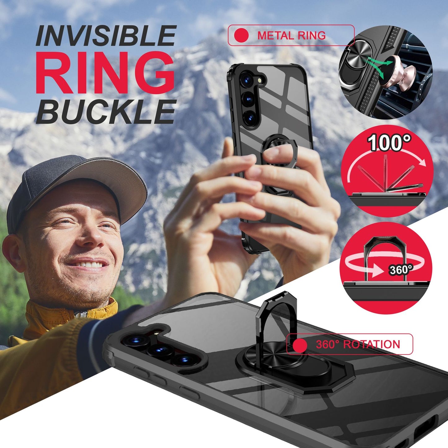 Klare Ring Hülle für Samsung Galaxy S23, 2x Displayglas & Kameraschutz, Schwarz