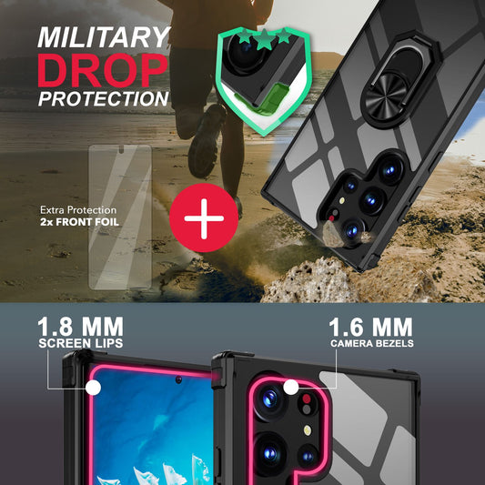 Carcasă inel transparent pentru Samsung Galaxy S23 Ultra, 2x folie de protecție pentru ecran, neagră