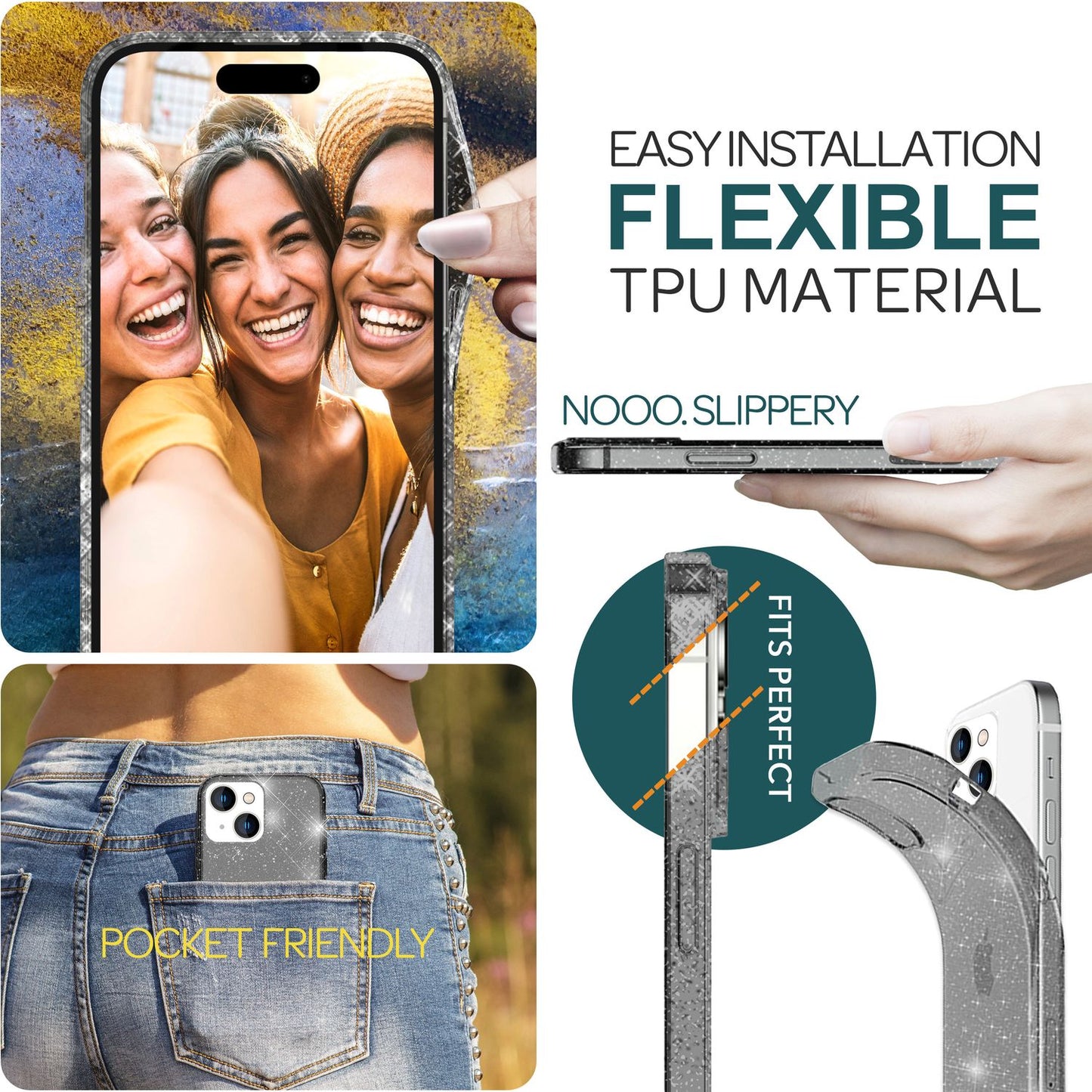 Husa NALIA Berlin Dazzlin cu sclipici - Dimensiune compatibilă cu iPhone 15 Plus, Material: Silicon, Transparentă