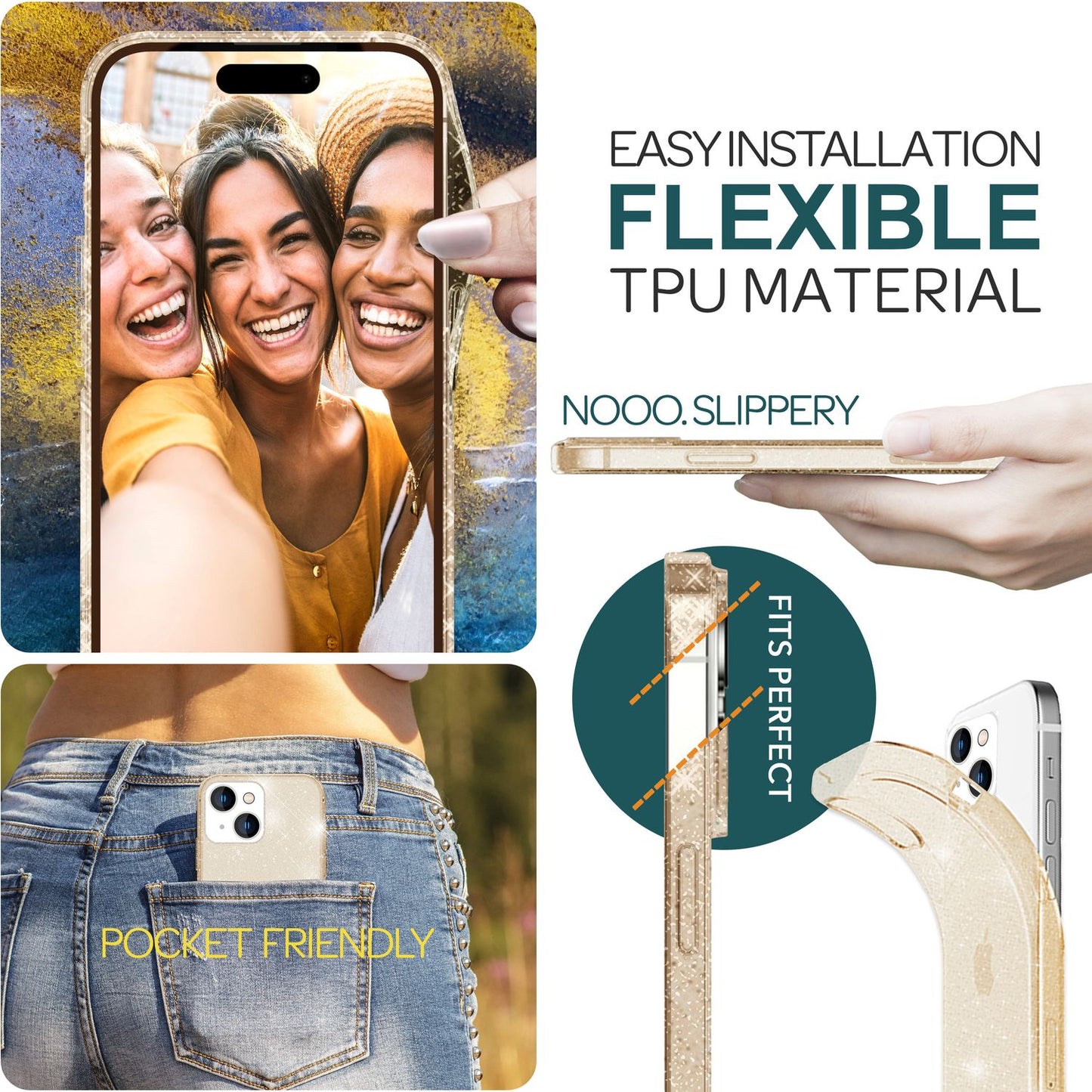 Husa NALIA Berlin Dazzlin cu sclipici - Dimensiune compatibilă cu iPhone 15 Plus, Material: Silicon, Transparentă