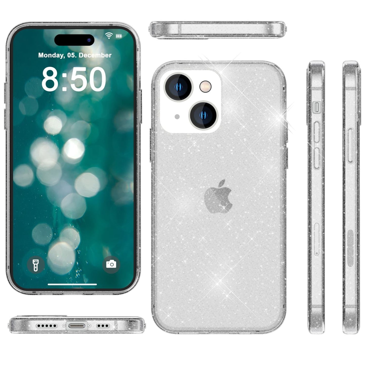 Husa NALIA Berlin Dazzlin cu sclipici - Dimensiune compatibilă cu iPhone 15 Plus, Material: Silicon, Transparentă