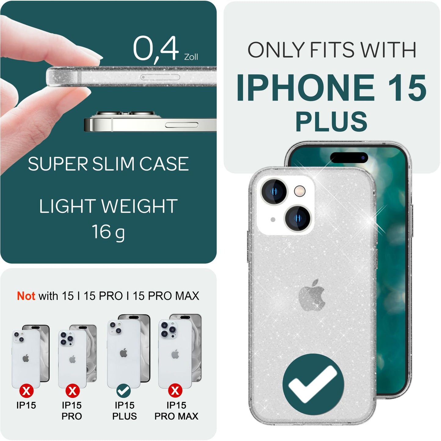 Husa NALIA Berlin Dazzlin cu sclipici - Dimensiune compatibilă cu iPhone 15 Plus, Material: Silicon, Transparentă