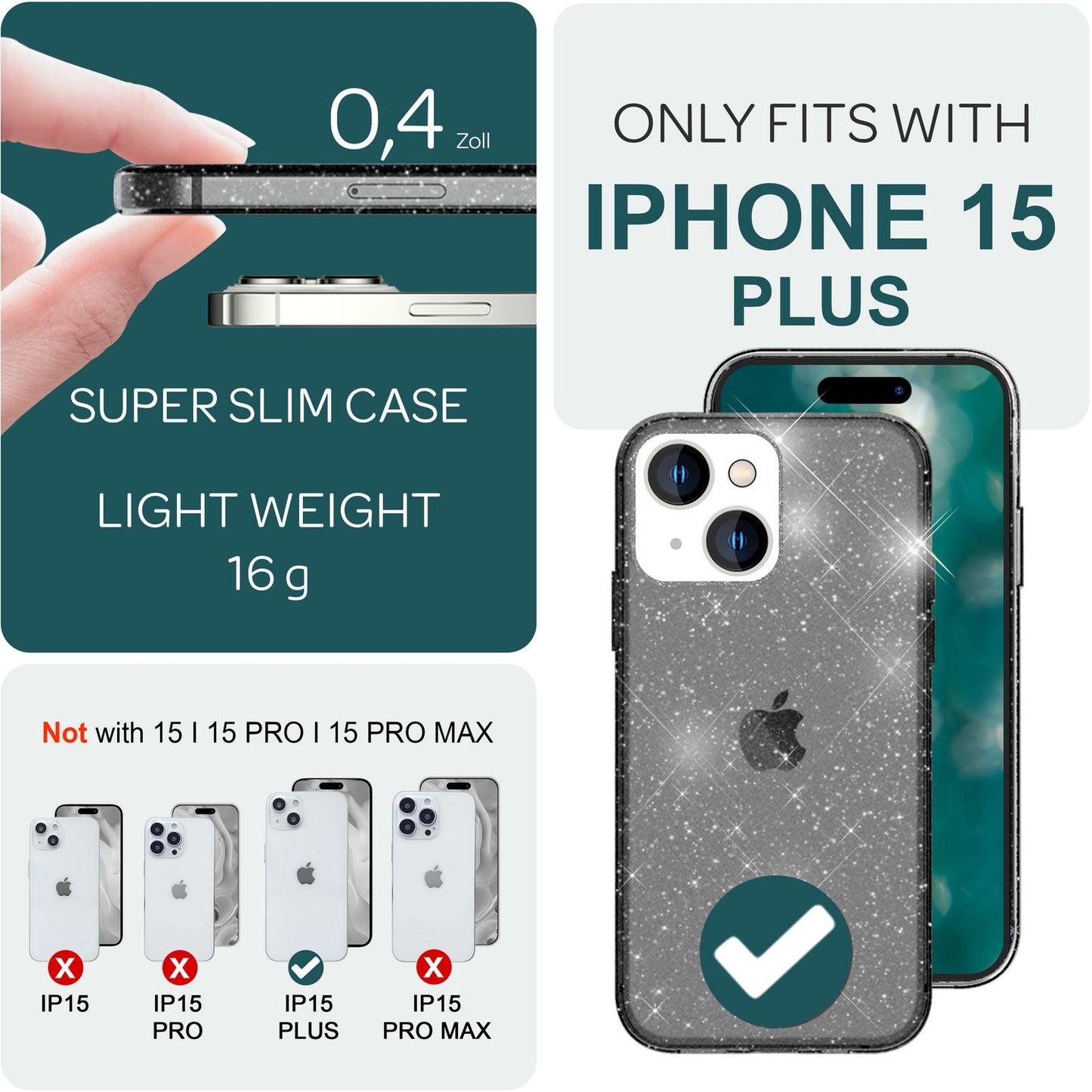 Husa NALIA Berlin Dazzlin cu sclipici - Dimensiune compatibilă cu iPhone 15 Plus, Material: Silicon, Transparentă