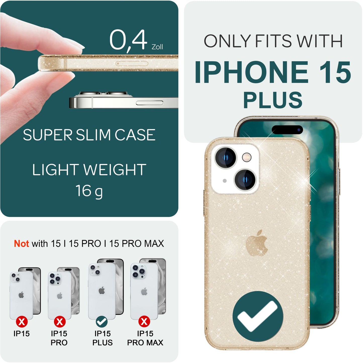 Husa NALIA Berlin Dazzlin cu sclipici - Dimensiune compatibilă cu iPhone 15 Plus, Material: Silicon, Transparentă