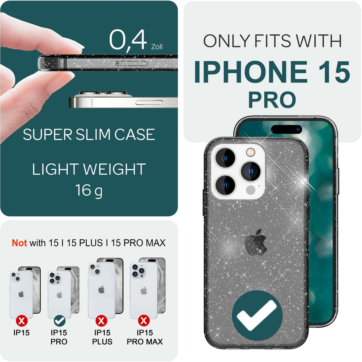 Husa NALIA Dazzlin cu sclipici - Husă elegantă și strălucitoare, compatibilă cu iPhone 15 Pro, silicon transparent, design ușor