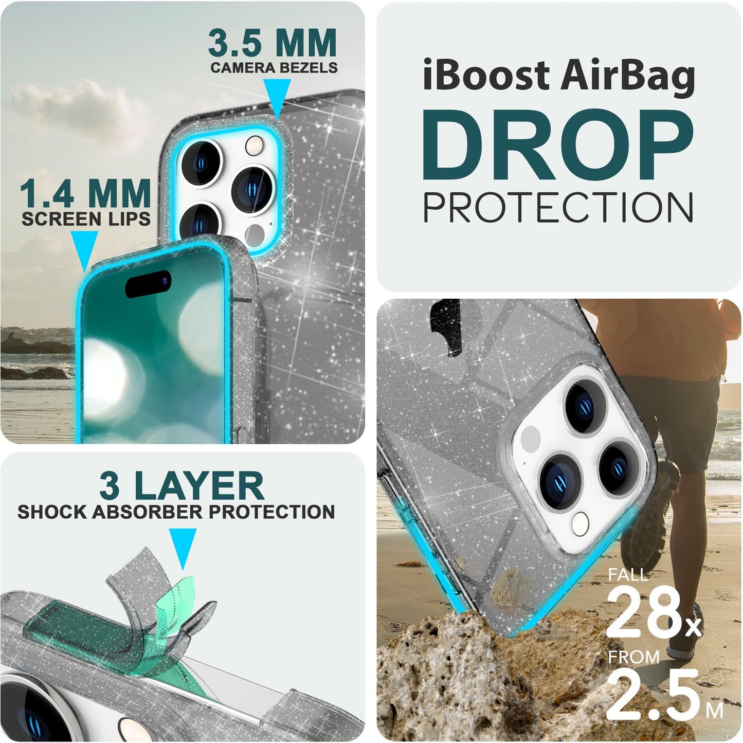 Husa NALIA Dazzlin cu sclipici - Husă elegantă și strălucitoare, compatibilă cu iPhone 15 Pro, silicon transparent, design ușor