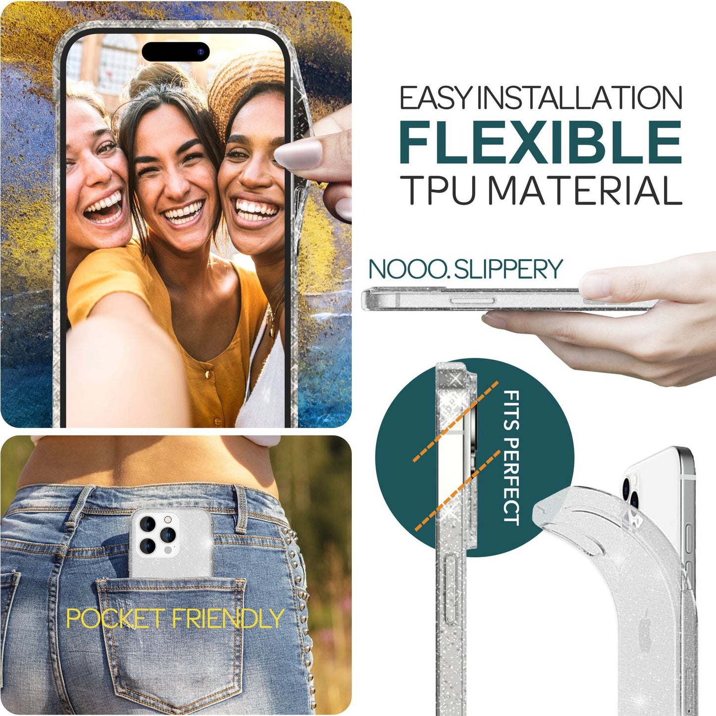 Husa NALIA Dazzlin cu sclipici - Husă elegantă și strălucitoare, compatibilă cu iPhone 15 Pro, silicon transparent, design ușor