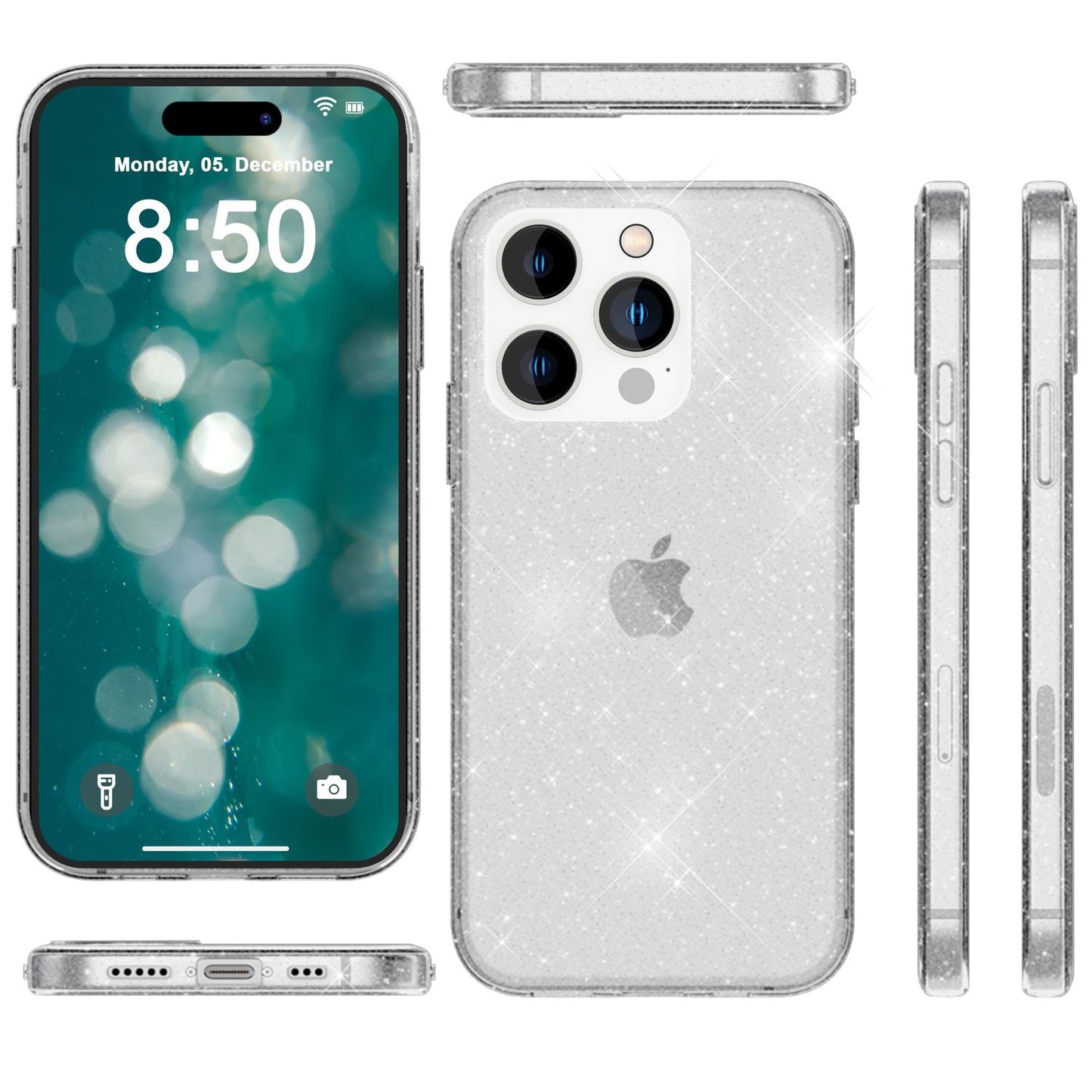 Husa NALIA Dazzlin cu sclipici - Husă elegantă și strălucitoare, compatibilă cu iPhone 15 Pro, silicon transparent, design ușor