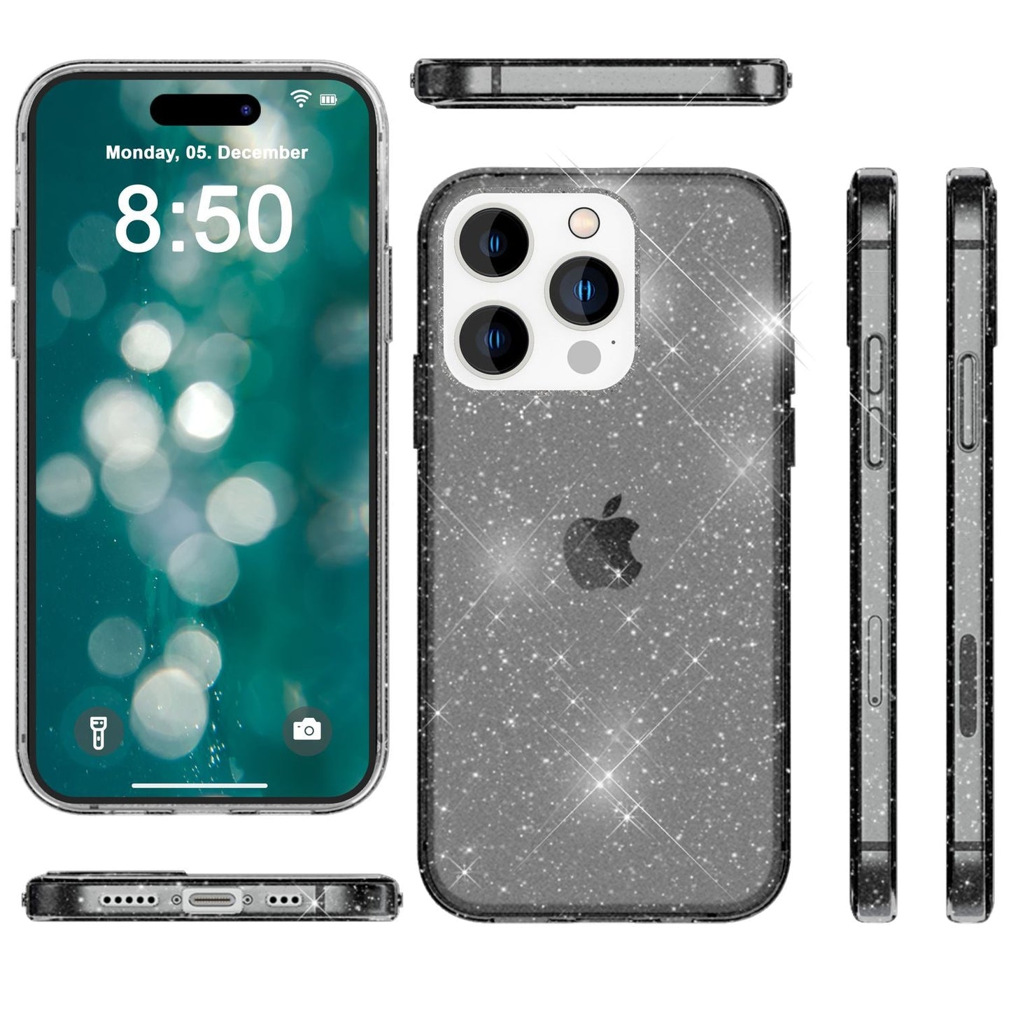 Husa NALIA Dazzlin cu sclipici - Husă elegantă și strălucitoare, compatibilă cu iPhone 15 Pro, silicon transparent, design ușor