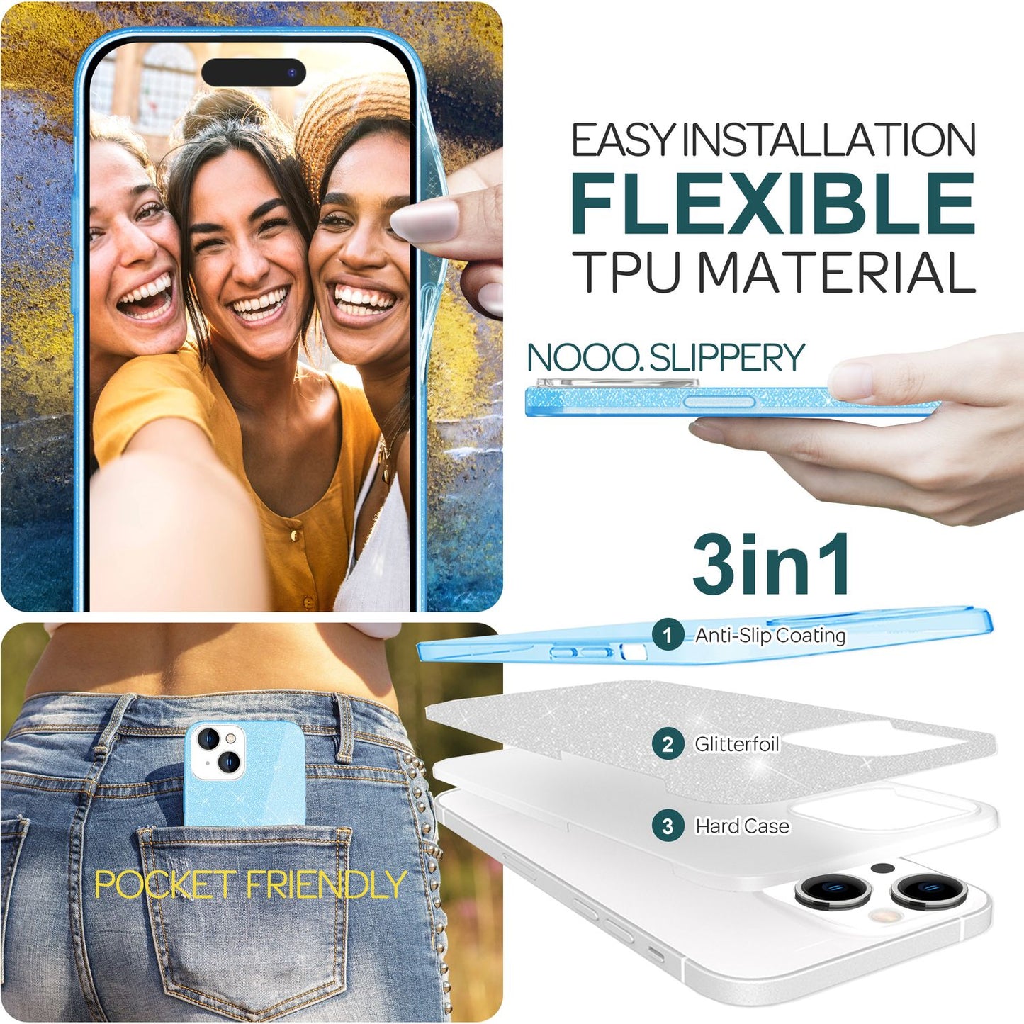 Carcasă cu sclipici pentru iPhone 15, carcasă hibridă cu sclipici, carcasă de protecție din silicon pentru telefon