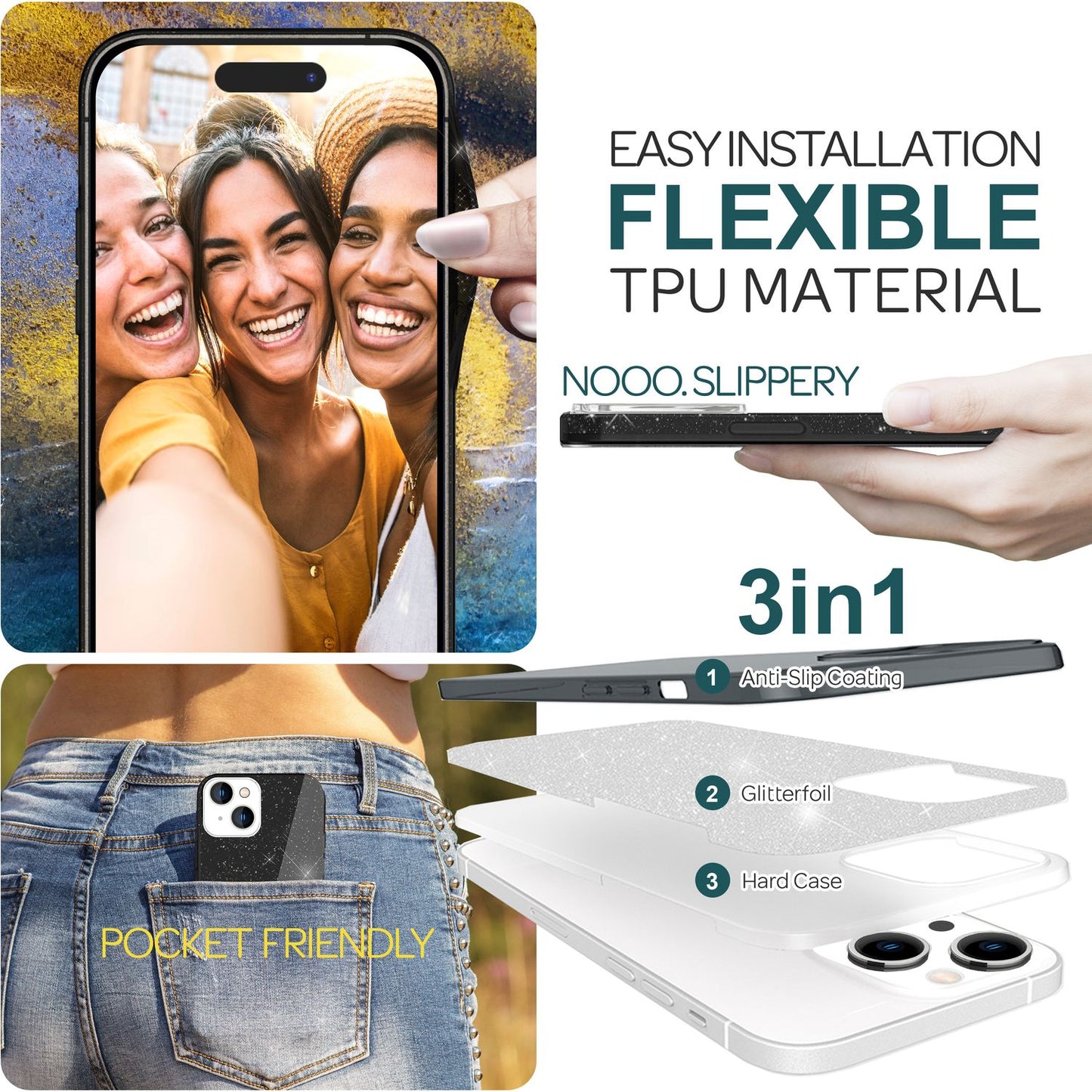 Carcasă cu sclipici pentru iPhone 15, carcasă hibridă cu sclipici, carcasă de protecție din silicon pentru telefon