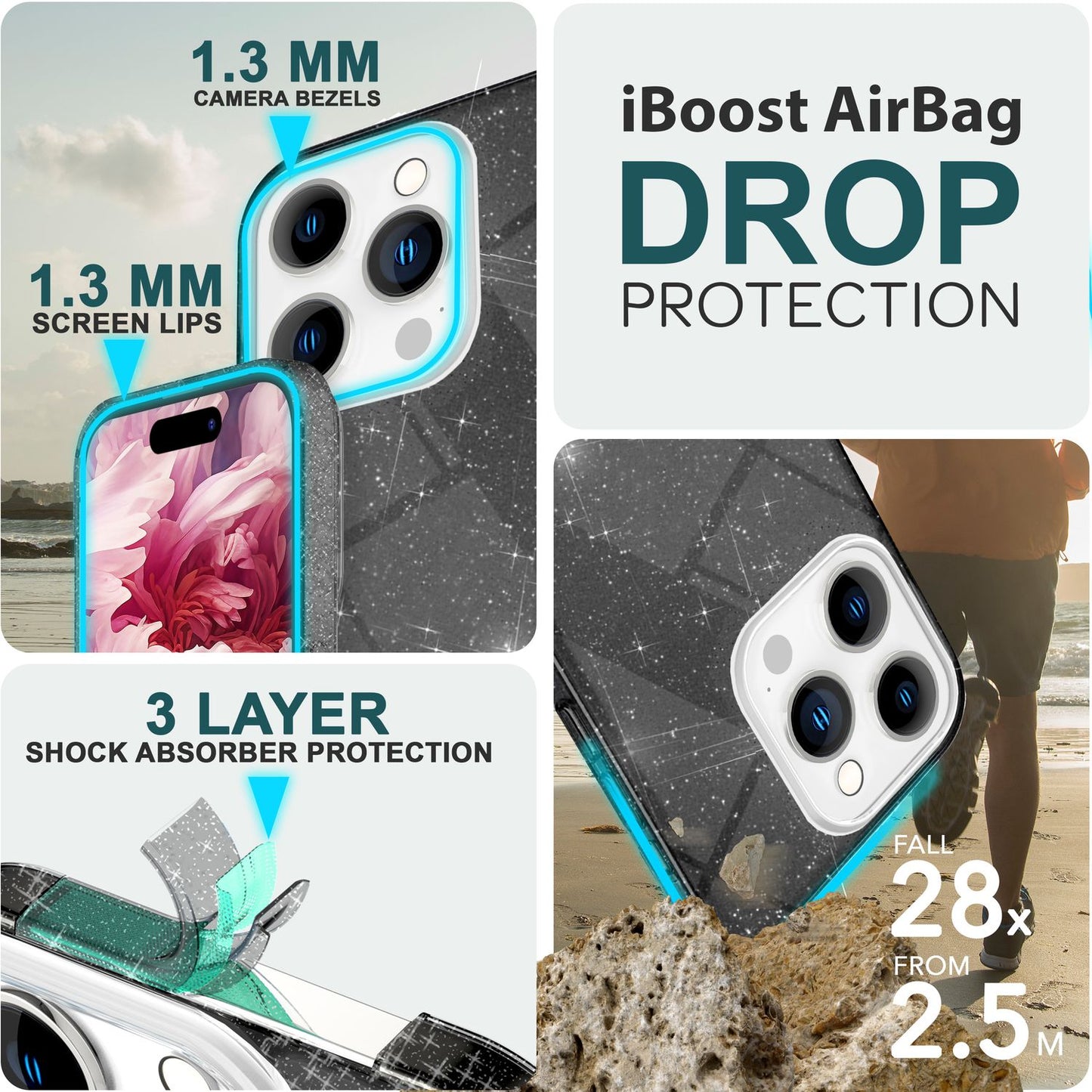 Carcasă sclipitoare pentru iPhone 15 Pro, carcasă hibridă cu sclipici, carcasă de protecție din silicon