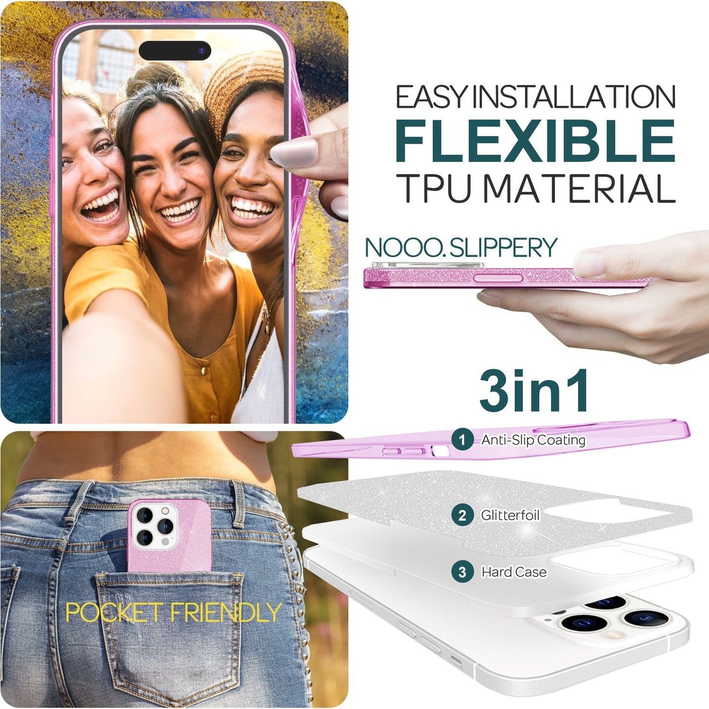 Carcasă sclipitoare pentru iPhone 15 Pro, carcasă hibridă cu sclipici, carcasă de protecție din silicon