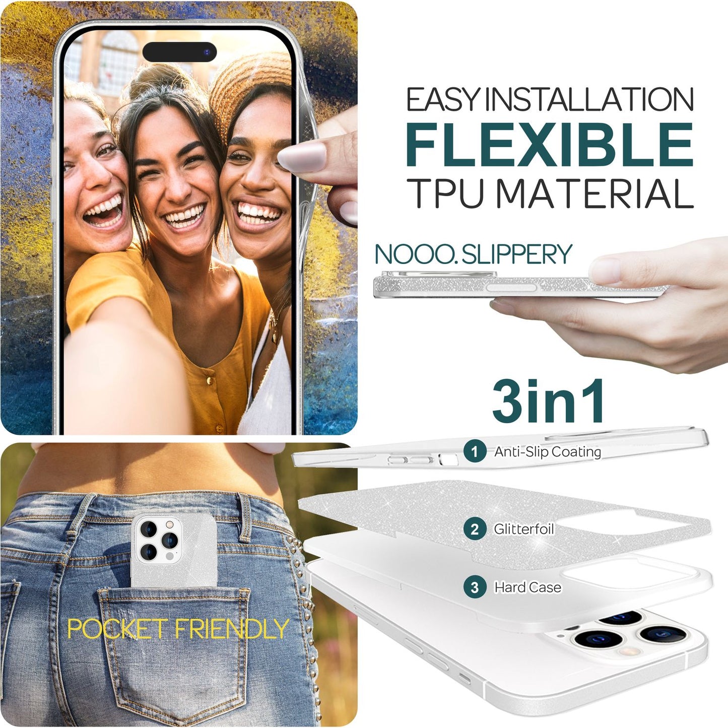 Carcasă sclipitoare pentru iPhone 15 Pro, carcasă hibridă cu sclipici, carcasă de protecție din silicon