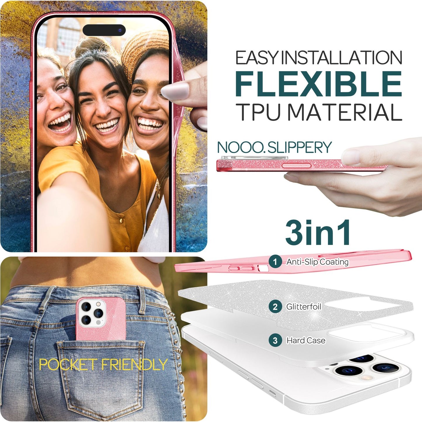 Carcasă cu sclipici pentru iPhone 15 Pro Max, carcasă hibridă cu sclipici, din silicon, pentru telefon