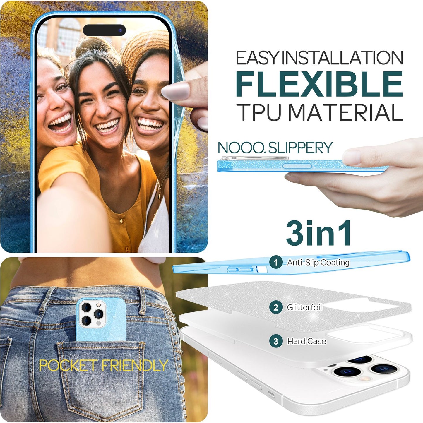 Carcasă cu sclipici pentru iPhone 15 Pro Max, carcasă hibridă cu sclipici, din silicon, pentru telefon