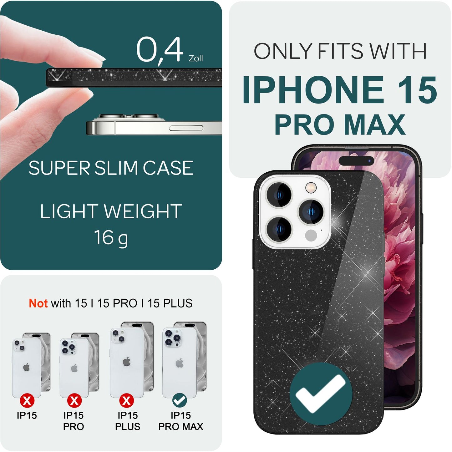Carcasă cu sclipici pentru iPhone 15 Pro Max, carcasă hibridă cu sclipici, din silicon, pentru telefon