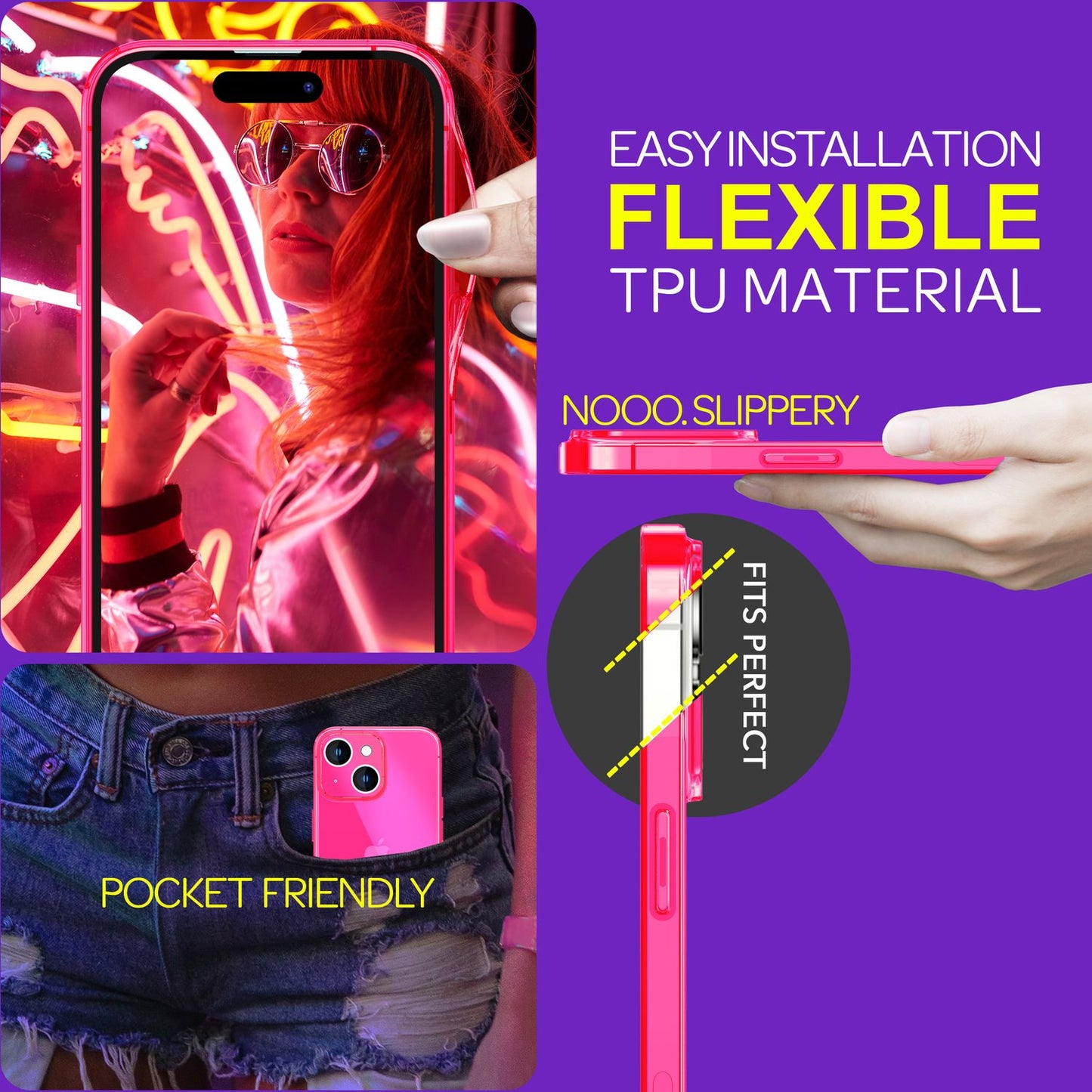 Carcasă transparentă neon pentru iPhone 15 Plus, carcasă de telefon din silicon luminos colorat, capac de protecție