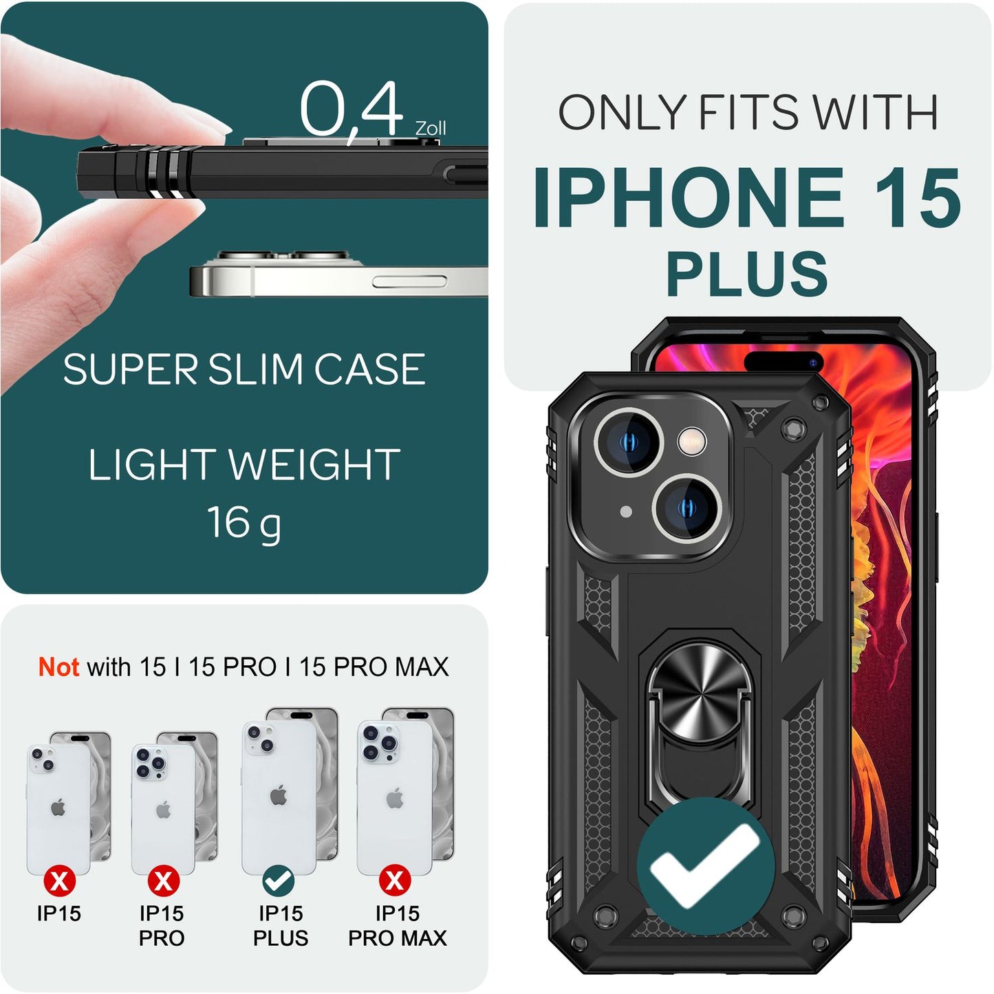 Husă rezistentă cu inel pentru iPhone 15 Plus, husă de telefon pentru exterior, husă de protecție extremă