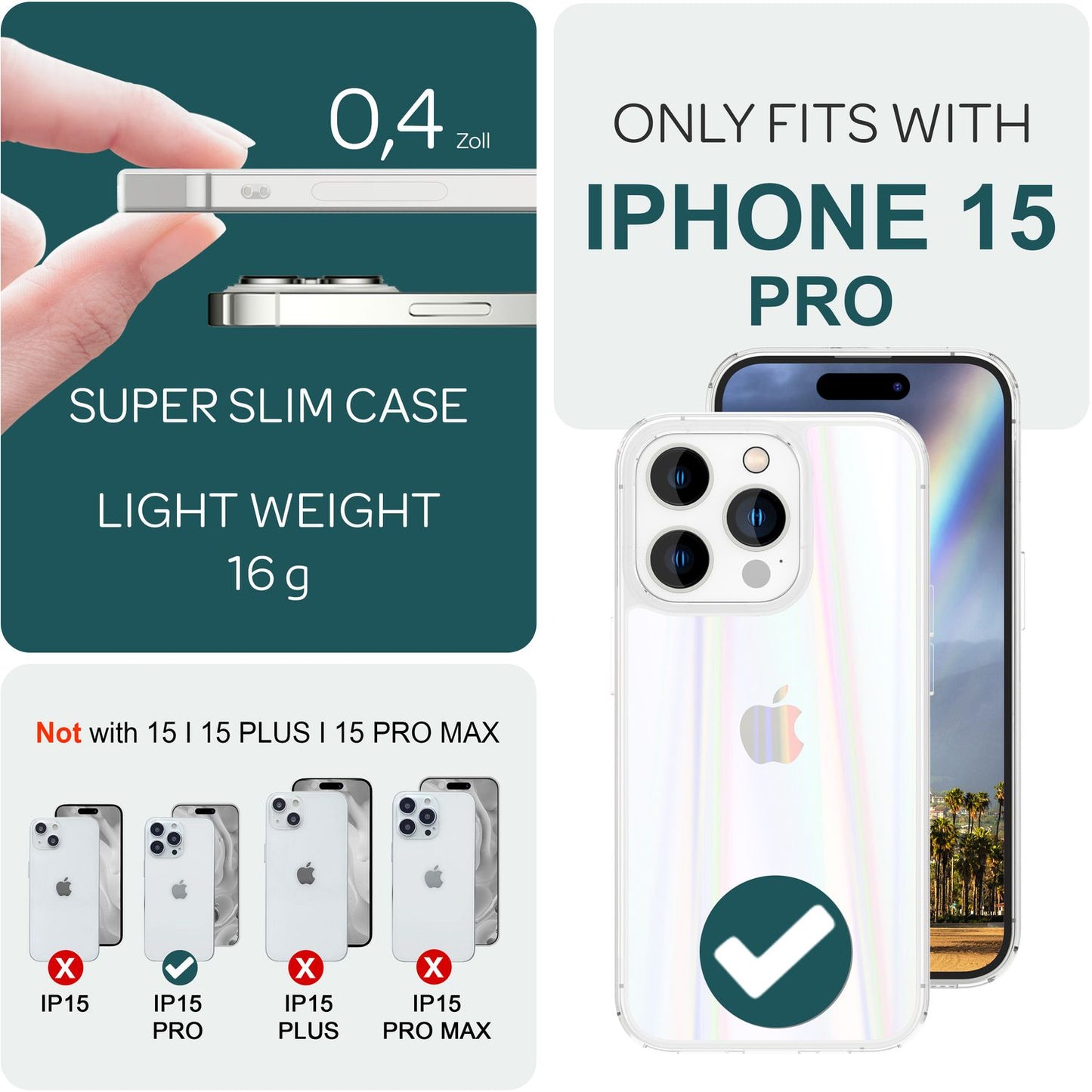 NALIA Berlin Aurora Hartglas Regenbogen - Kapazität 0,3 mm, Leistung 9H Härte, Passgenau iPhone 15 Pro