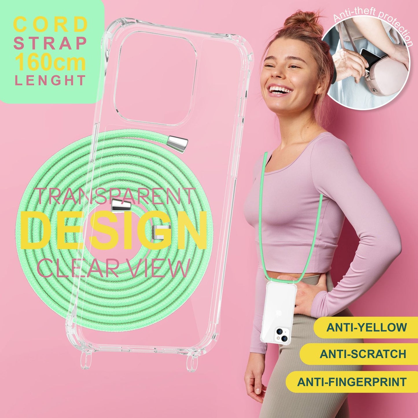 Husă cu curea pentru iPhone 15, husă de telefon, husă de protecție crossbody, lanț de telefon cu șnur