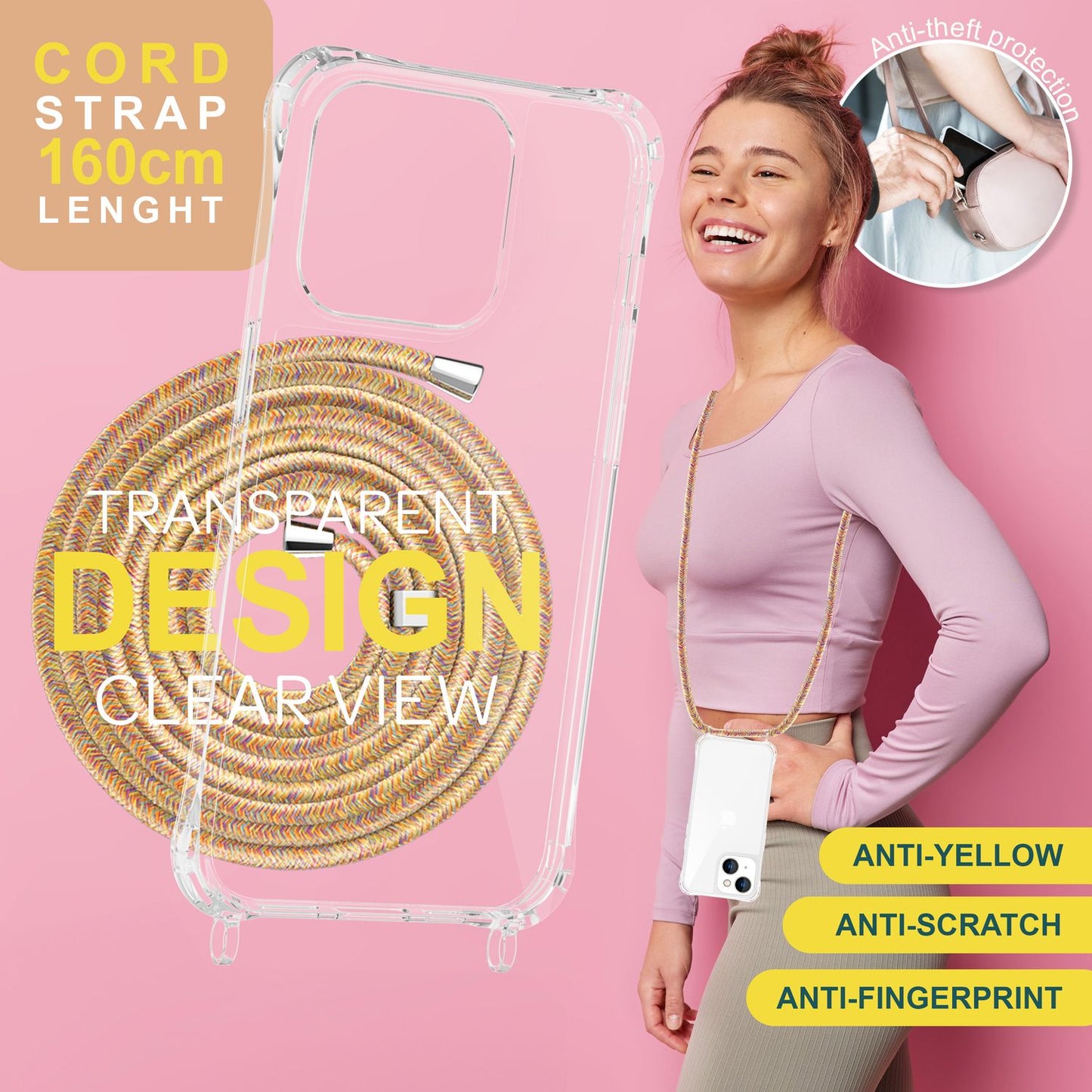 Husă cu curea pentru iPhone 15, husă de telefon, husă de protecție crossbody, lanț de telefon cu șnur