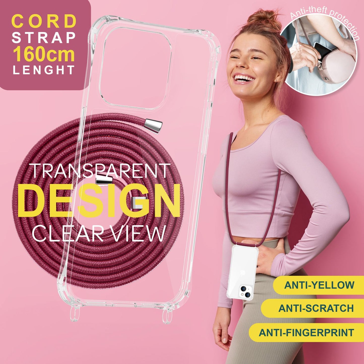 Husă cu curea pentru iPhone 15, husă de telefon, husă de protecție crossbody, lanț de telefon cu șnur