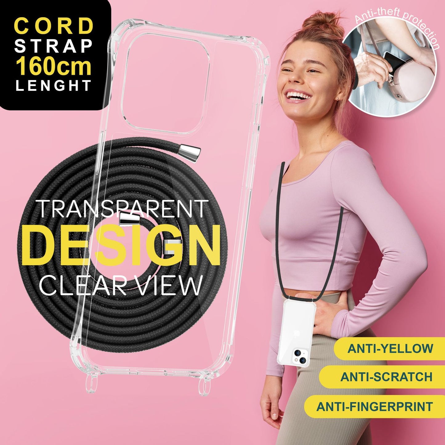 Husă cu curea pentru iPhone 15, husă de telefon, husă de protecție crossbody, lanț de telefon cu șnur