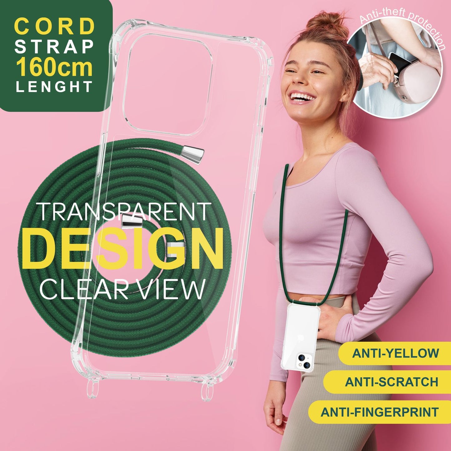 Husă cu curea pentru iPhone 15 Plus, husă de telefon, husă crossbody cu lanț și șnur