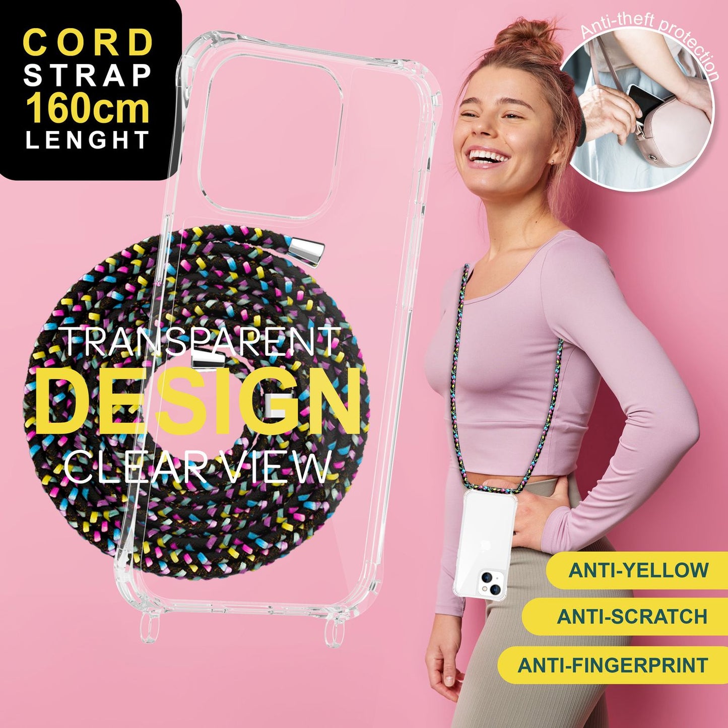 Husă cu curea pentru iPhone 15 Plus, husă de telefon, husă crossbody cu lanț și șnur