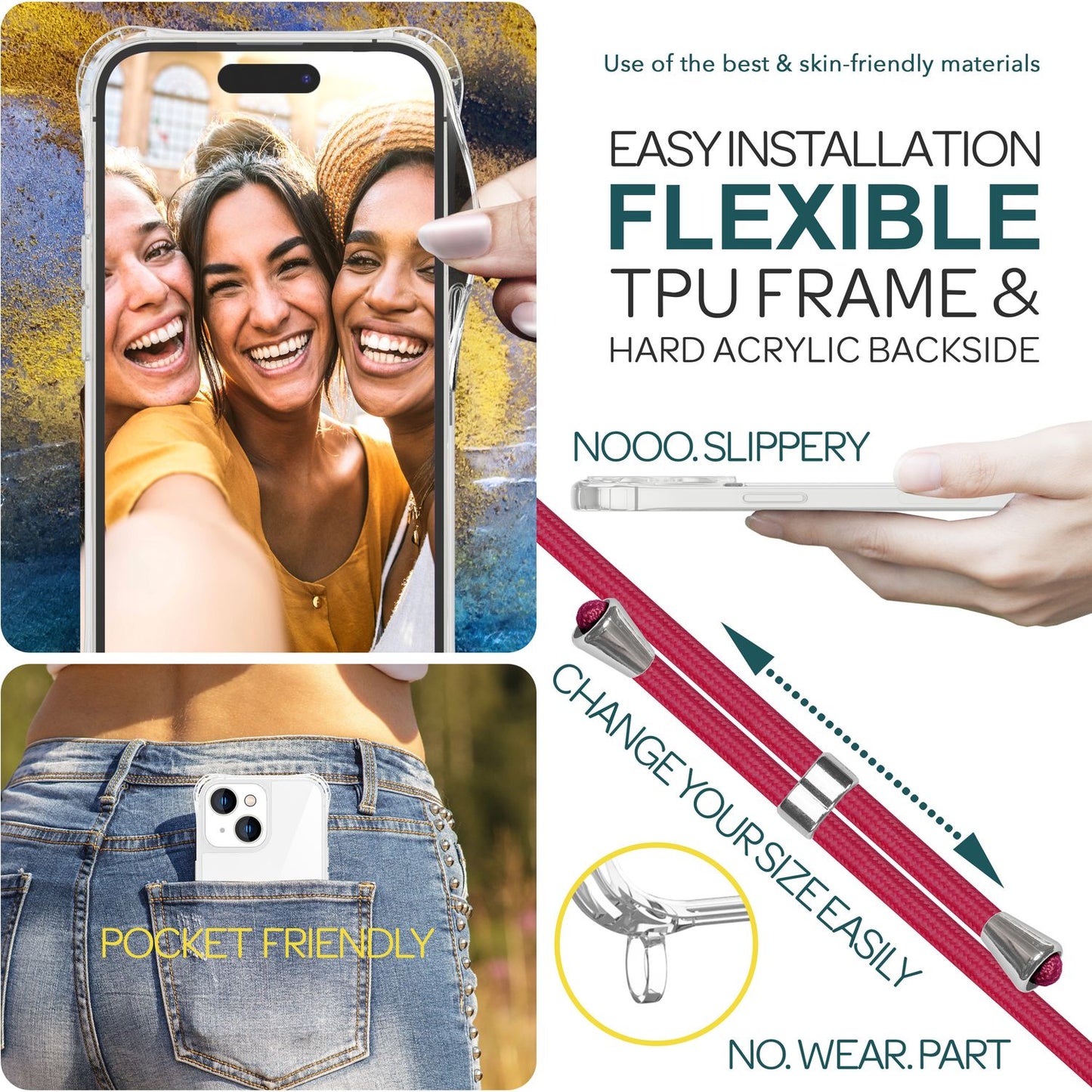 Husă cu curea pentru iPhone 15 Plus, husă de telefon, husă crossbody cu lanț și șnur