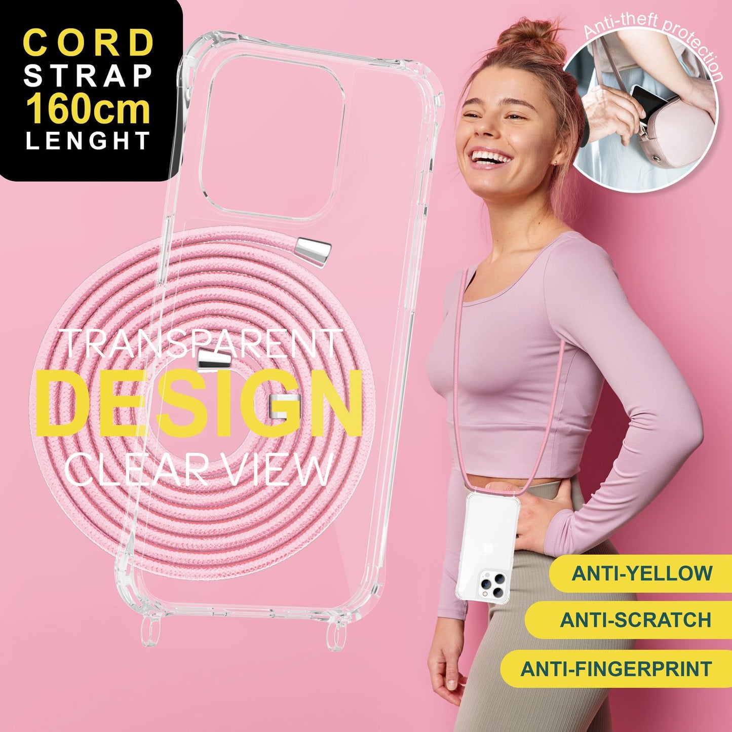 Hülle mit Band für iPhone 15 Pro Handyhülle Umhänge Case Handy Kette Kordel Seil