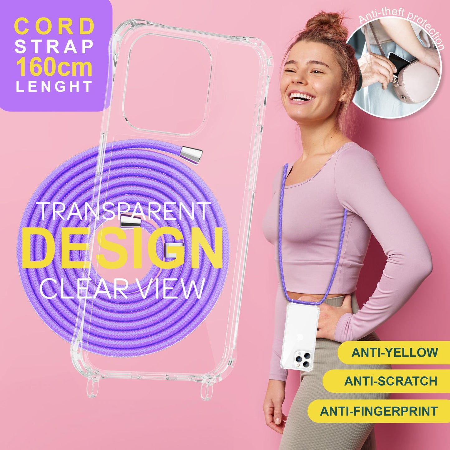 Hülle mit Band für iPhone 15 Pro Handyhülle Umhänge Case Handy Kette Kordel Seil