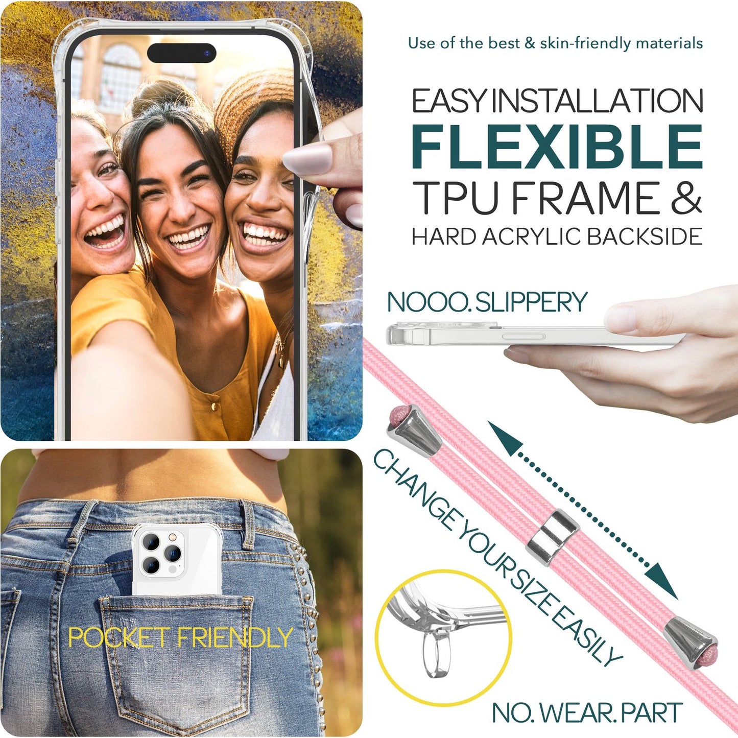 Hülle mit Band für iPhone 15 Pro Handyhülle Umhänge Case Handy Kette Kordel Seil