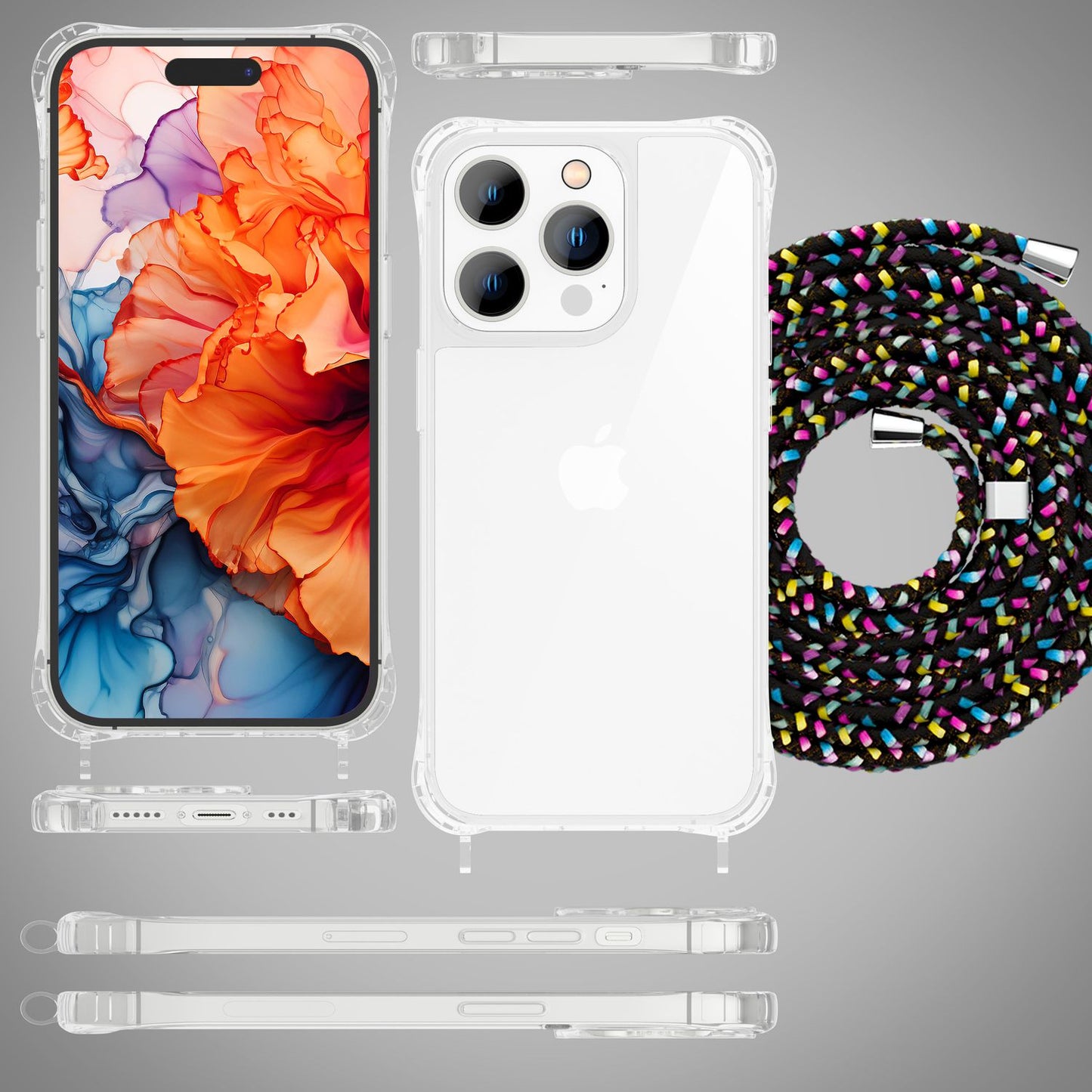 Hülle mit Band für iPhone 15 Pro Handyhülle Umhänge Case Handy Kette Kordel Seil