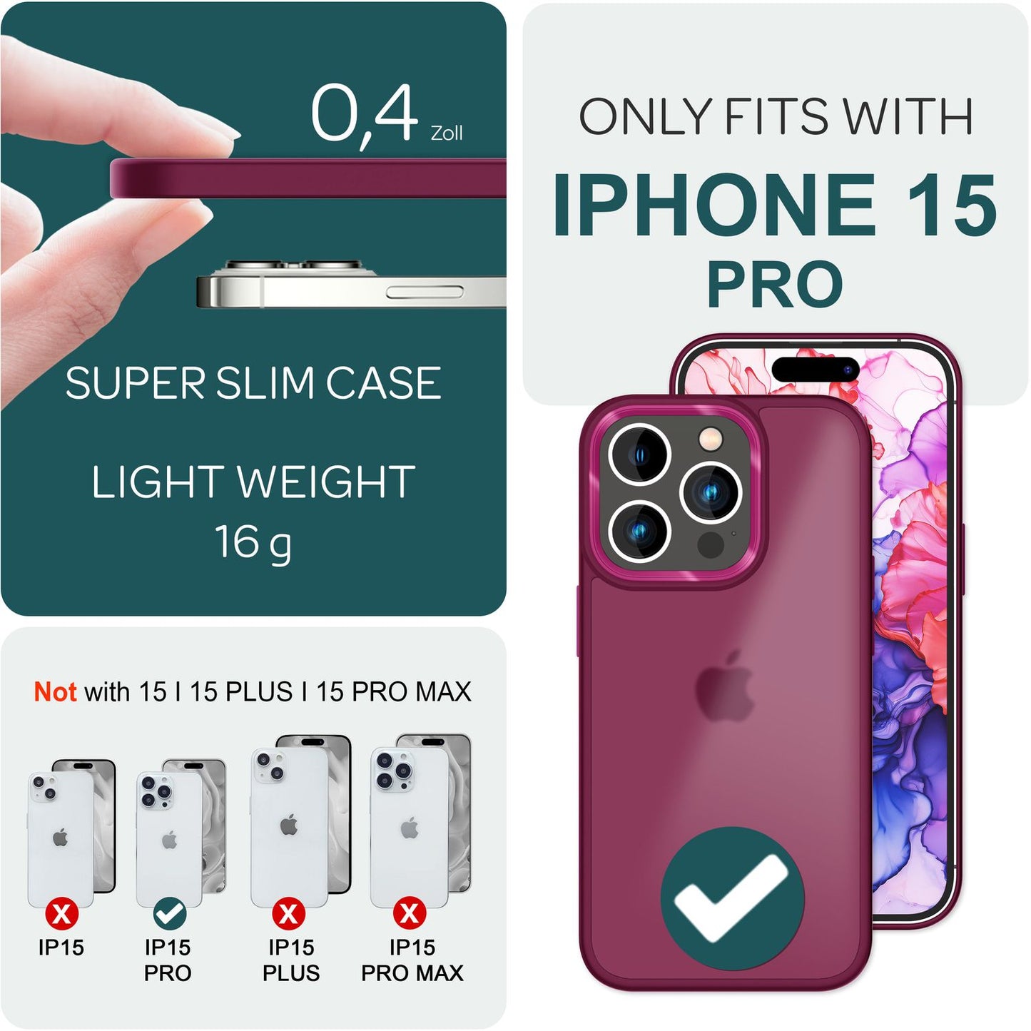 Carcasă hibridă pentru iPhone 15 Pro, carcasă mată, margine de protecție, husă de telefon, husă de telefon