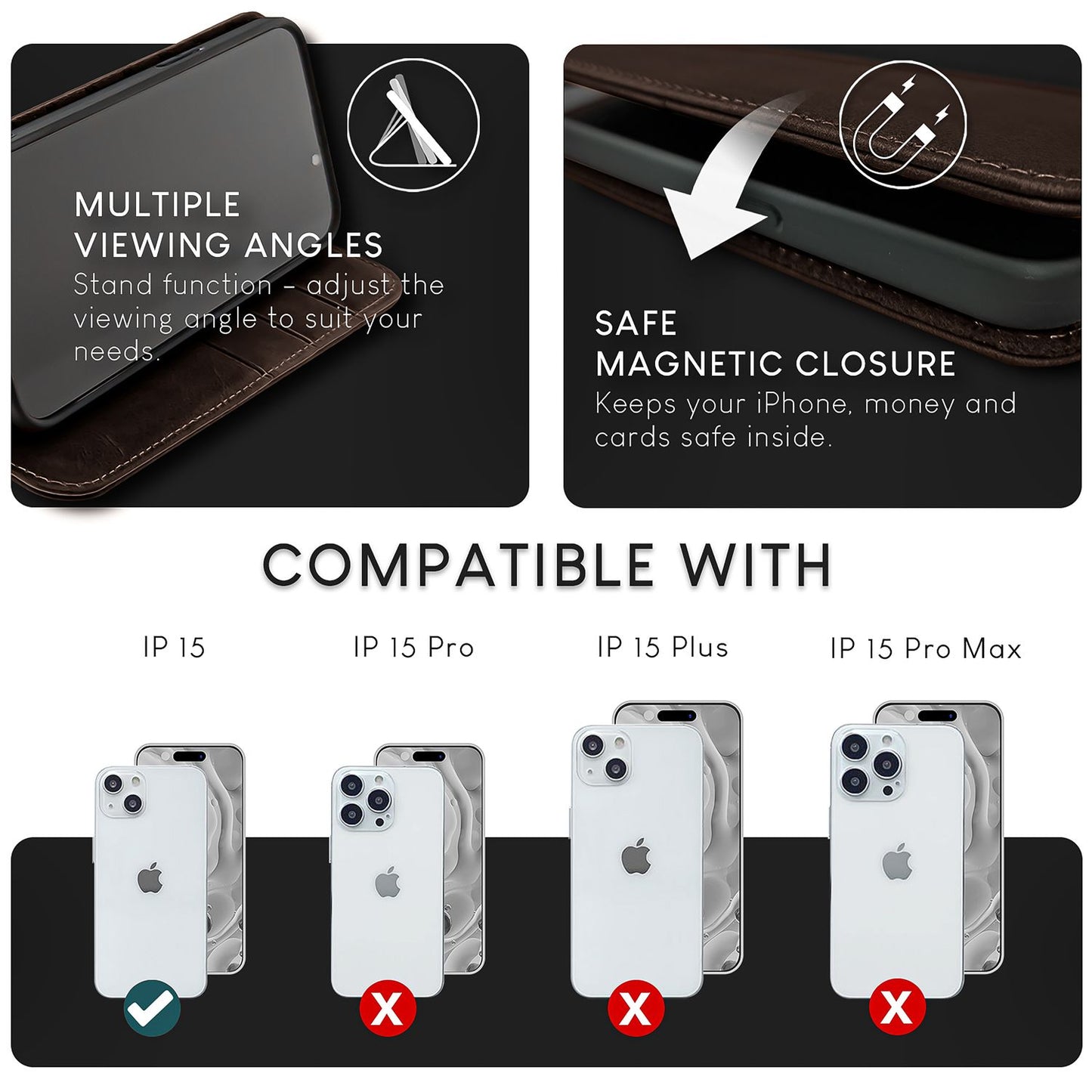 Husă NALIA din piele naturală pentru iPhone 15 - Suport cu protecție RFID, piele de vacă