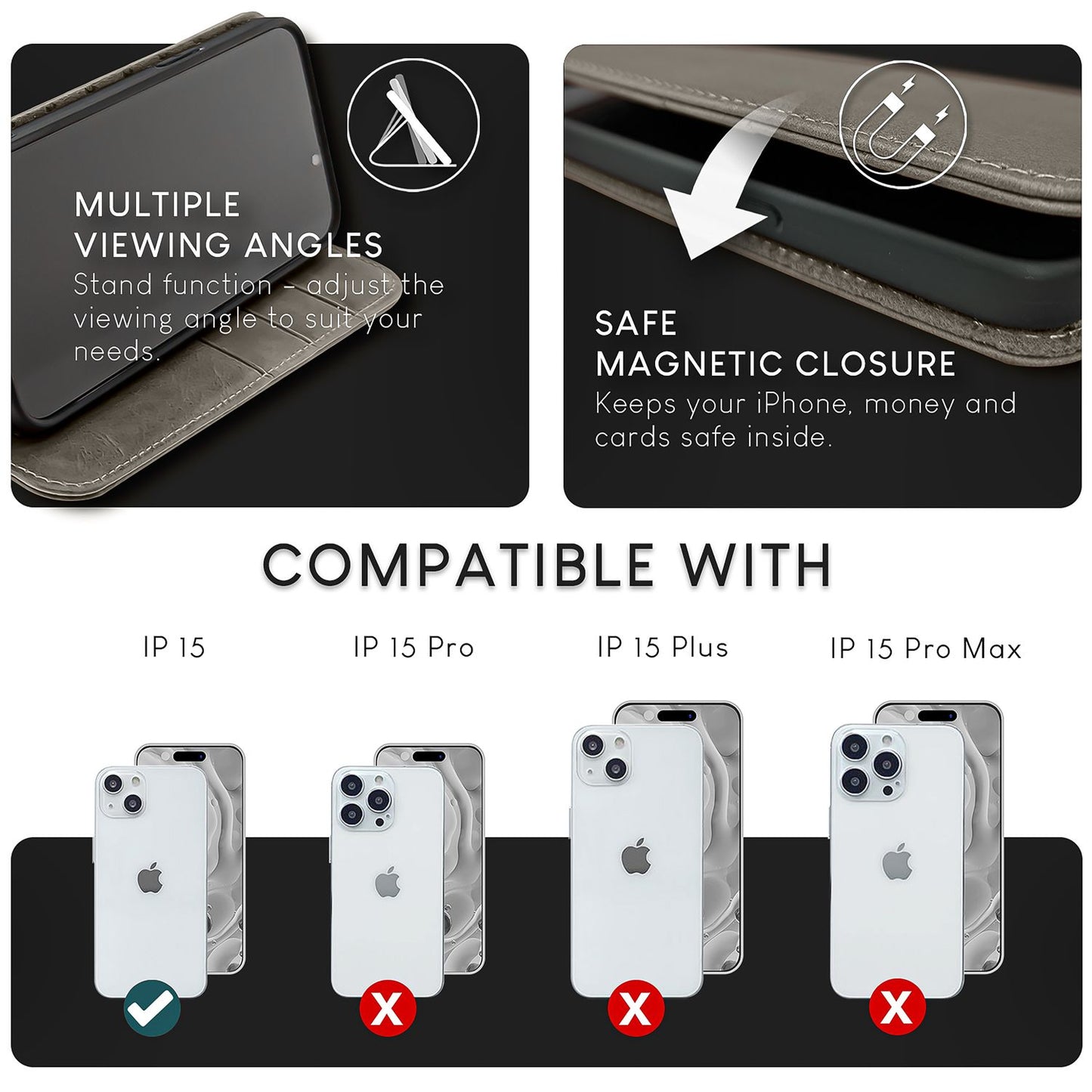 Husă NALIA din piele naturală pentru iPhone 15 - Suport cu protecție RFID, piele de vacă