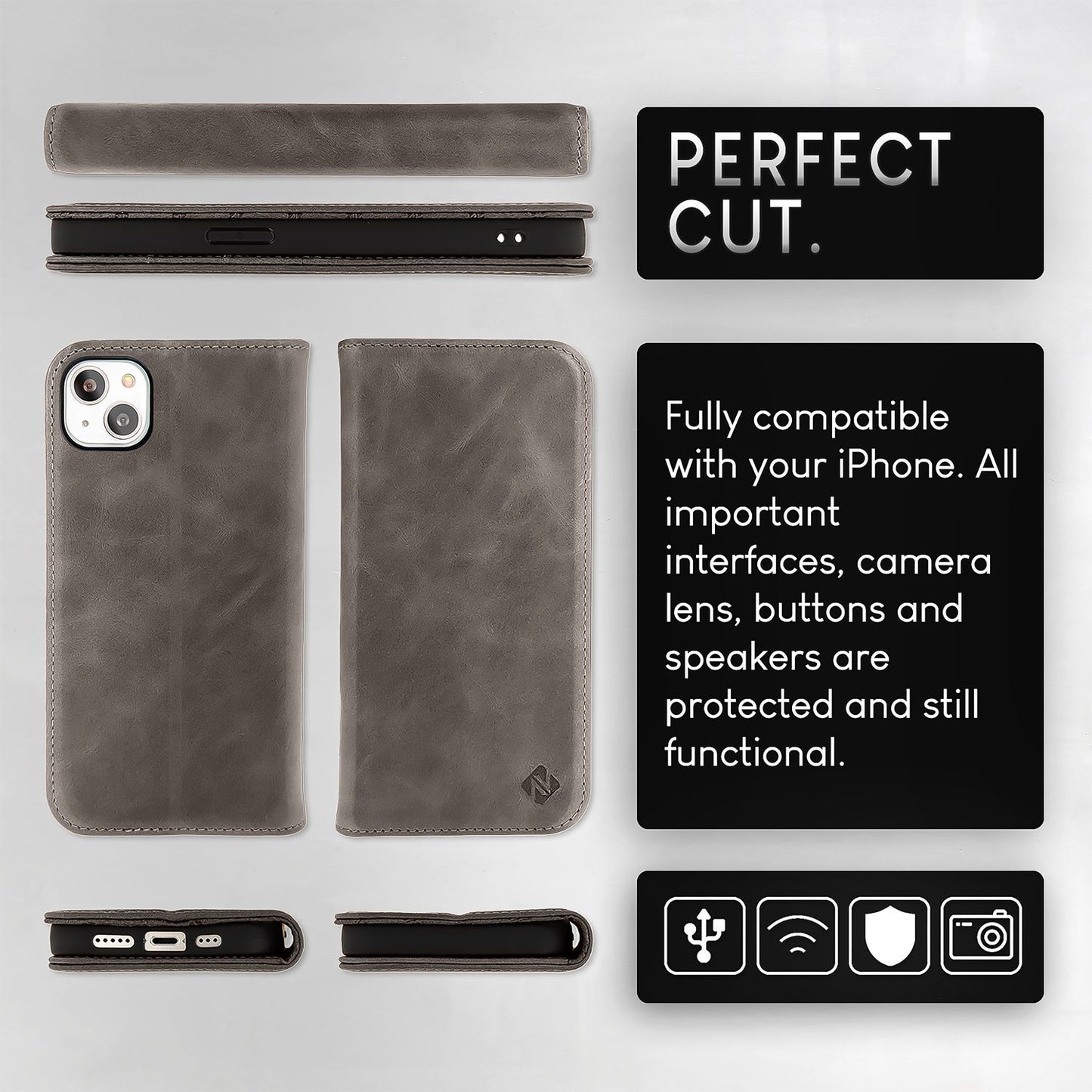 Husă NALIA din piele naturală pentru iPhone 15 - Suport cu protecție RFID, piele de vacă